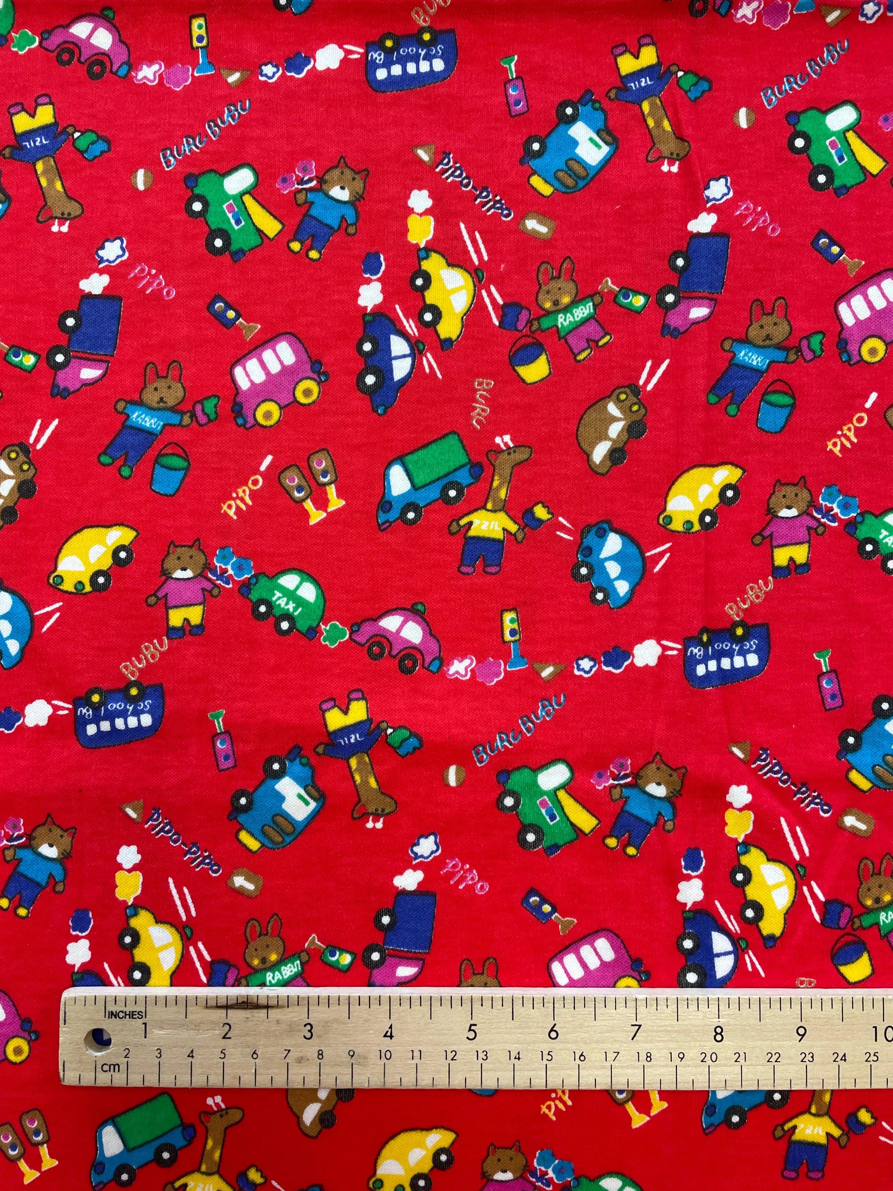 1 YD Cotton Knit Vintage - Red with Cartoon Animals and Cars