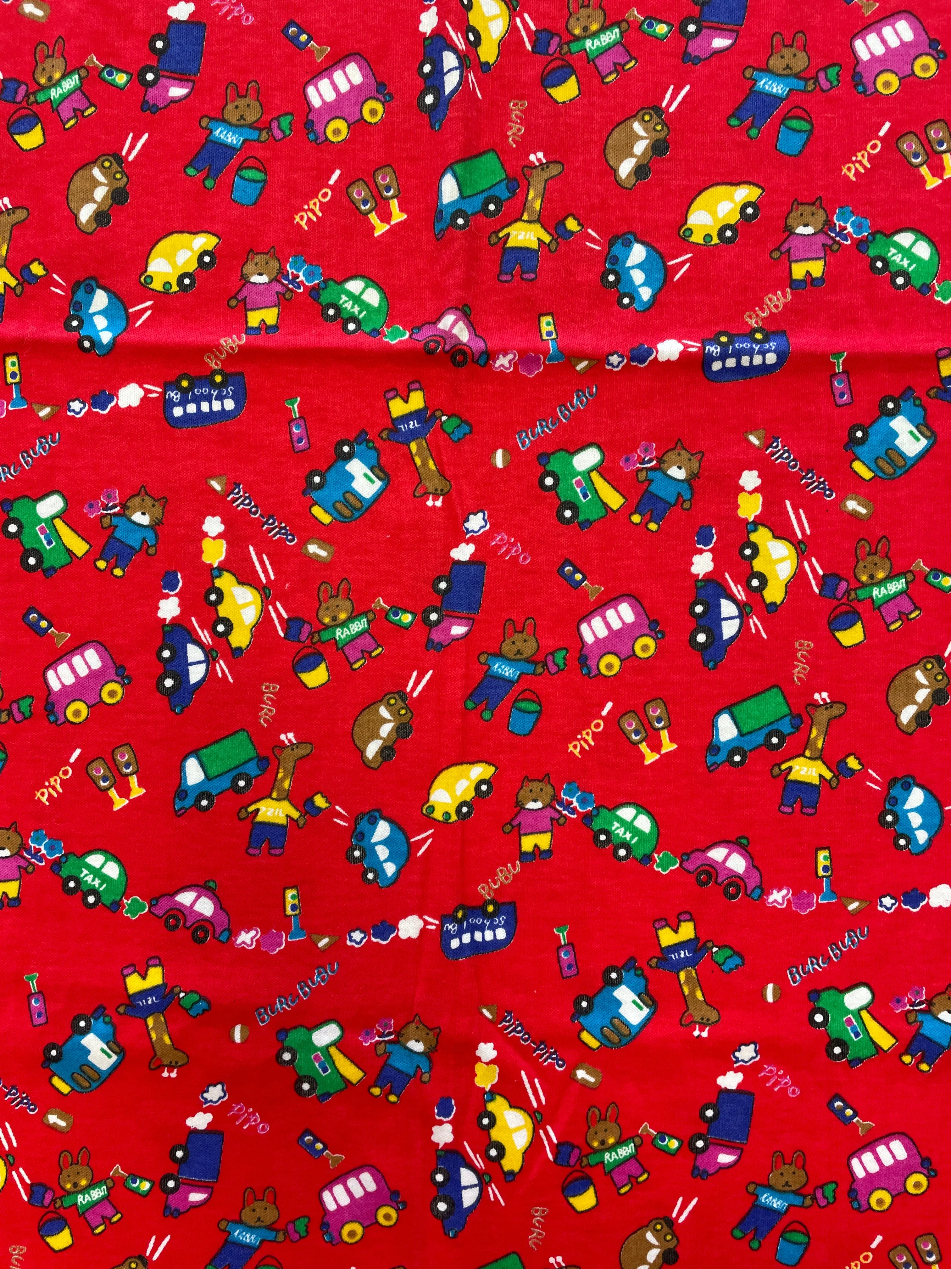 1 YD Cotton Knit Vintage - Red with Cartoon Animals and Cars