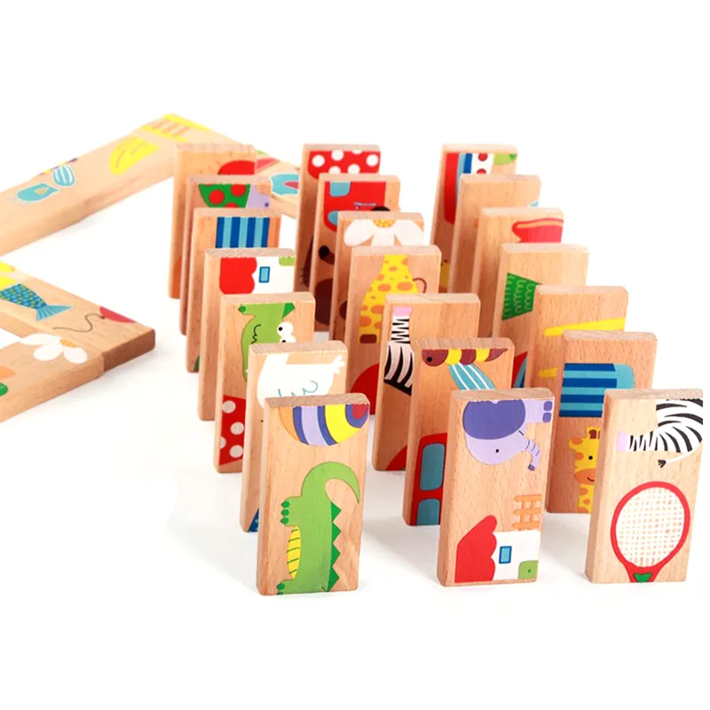 15/28Pcs Wooden Dominoes Fruit Animal Cognitive Stacking Game Montessori Stacking Educational Puzzle Concentration Toys Gifts