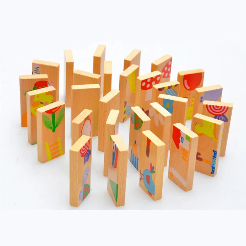 15/28Pcs Wooden Dominoes Fruit Animal Cognitive Stacking Game Montessori Stacking Educational Puzzle Concentration Toys Gifts