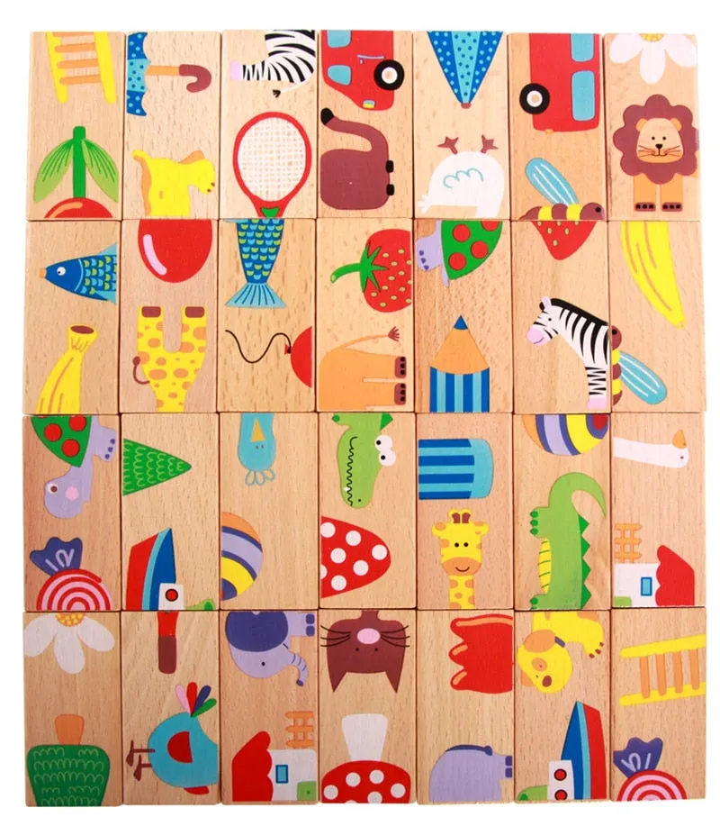 15/28Pcs Wooden Dominoes Fruit Animal Cognitive Stacking Game Montessori Stacking Educational Puzzle Concentration Toys Gifts