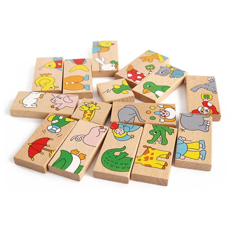 15/28Pcs Wooden Dominoes Fruit Animal Cognitive Stacking Game Montessori Stacking Educational Puzzle Concentration Toys Gifts