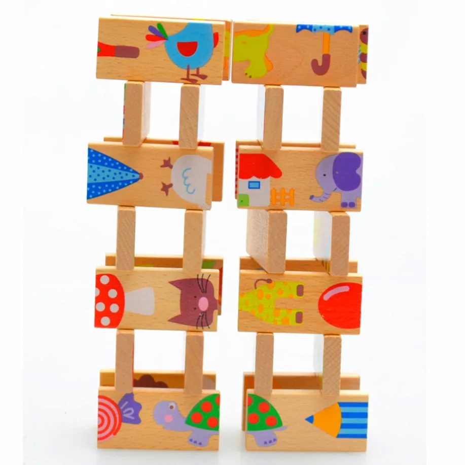 15/28Pcs Wooden Dominoes Fruit Animal Cognitive Stacking Game Montessori Stacking Educational Puzzle Concentration Toys Gifts