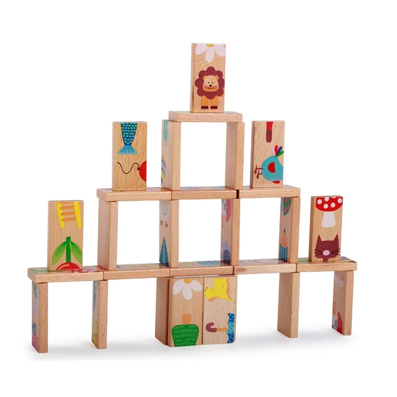 15/28Pcs Wooden Dominoes Fruit Animal Cognitive Stacking Game Montessori Stacking Educational Puzzle Concentration Toys Gifts