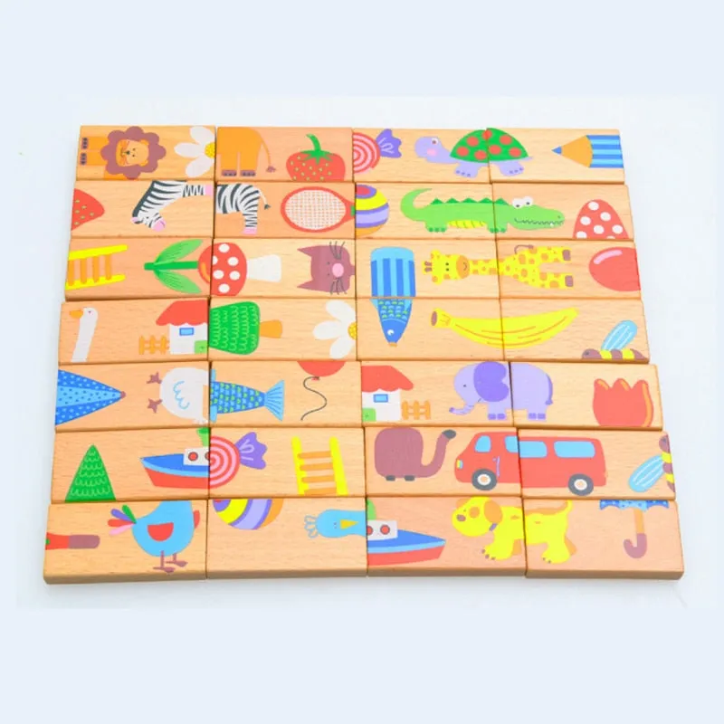 15/28Pcs Wooden Dominoes Fruit Animal Cognitive Stacking Game Montessori Stacking Educational Puzzle Concentration Toys Gifts