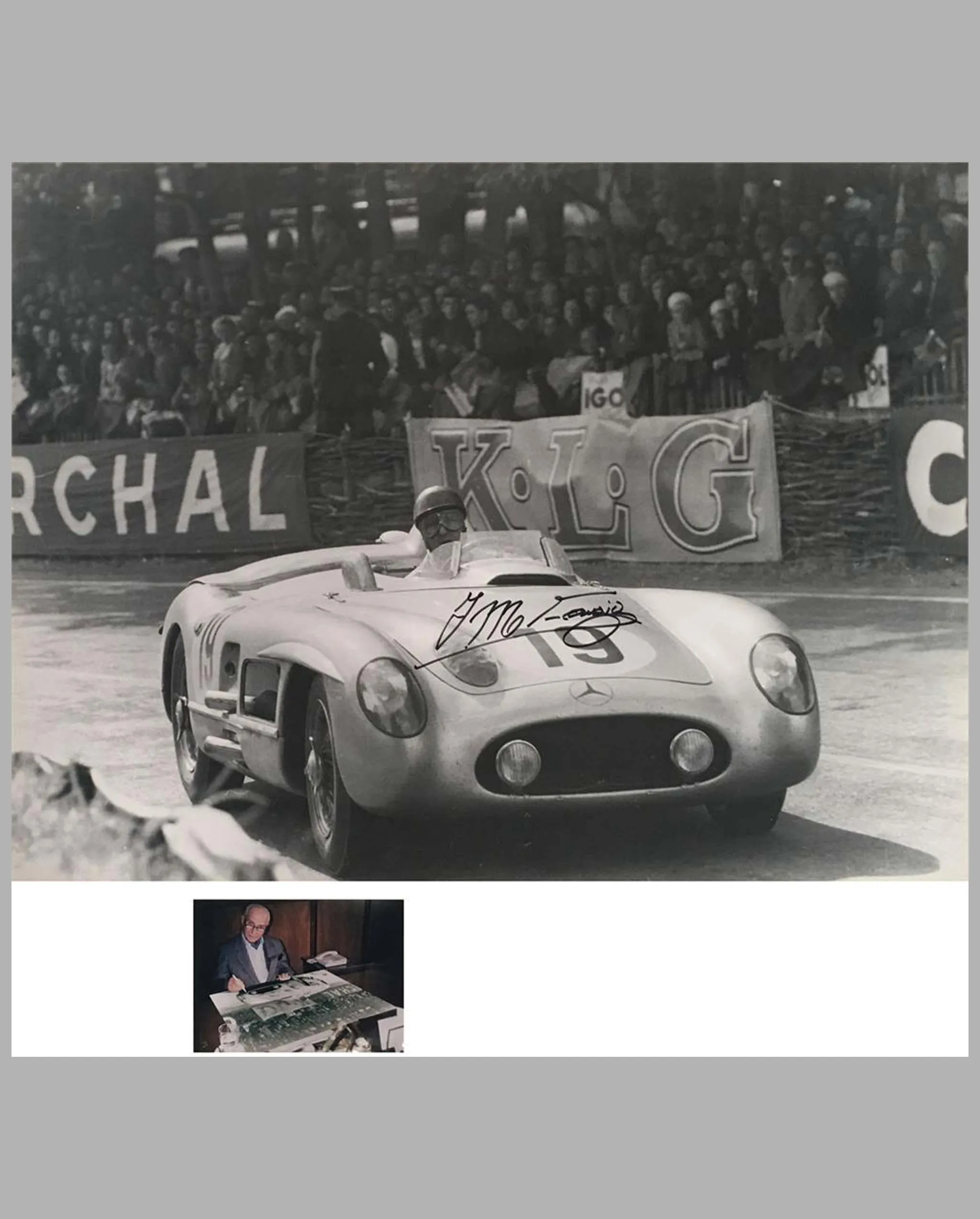 1955 - 24 Hours of Le Mans photograph of Juan Manuel Fangio's Mercedes 300 SLR, autographed by driver