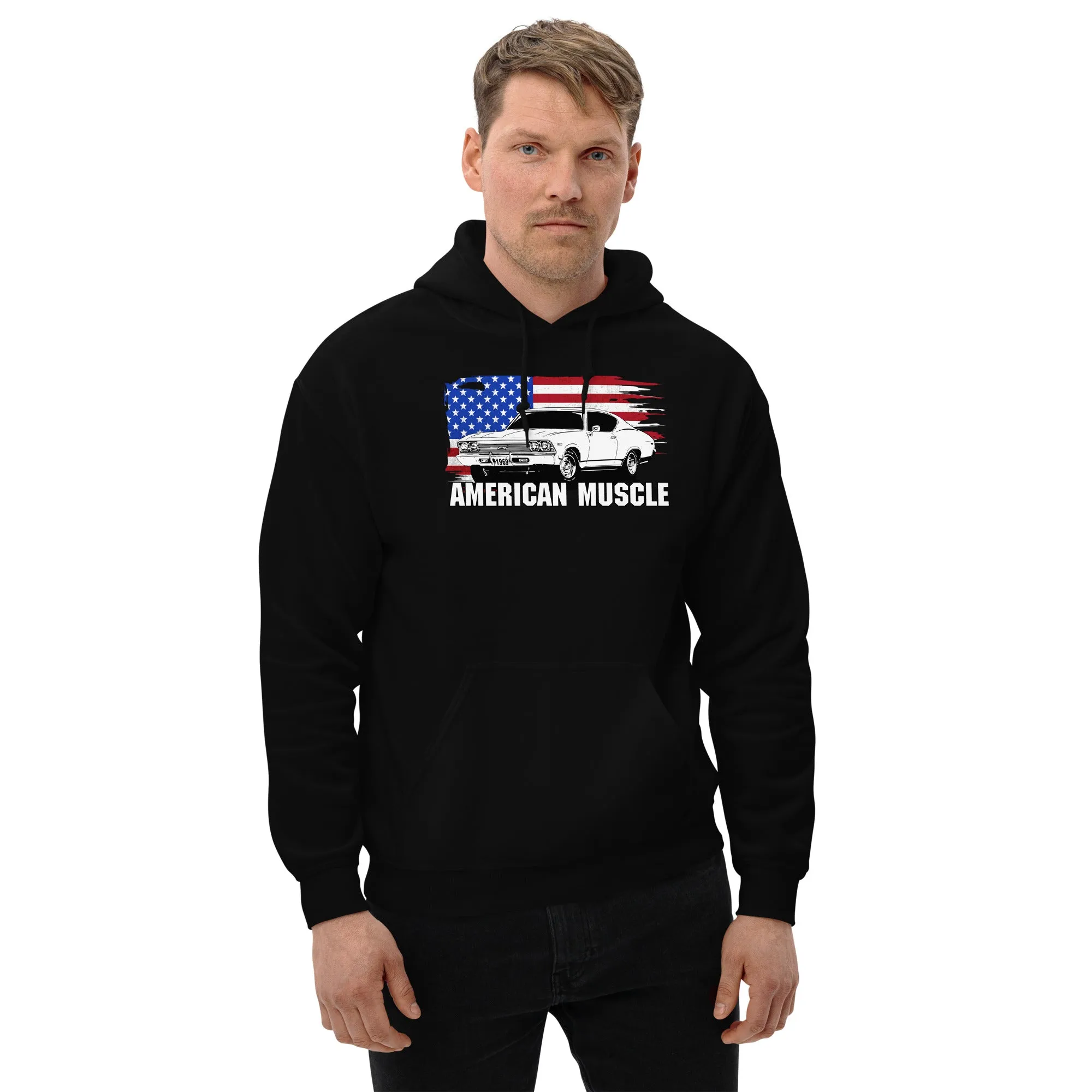 1969 Chevelle Car Hoodie Sweatshirt With American Flag Design