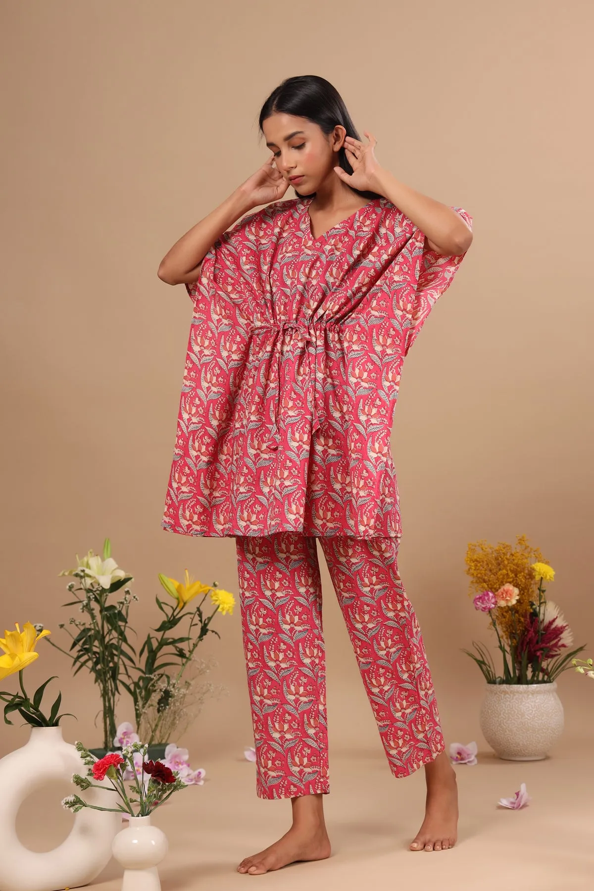 Bagru Batik Print on Pink Kaftan Pajama