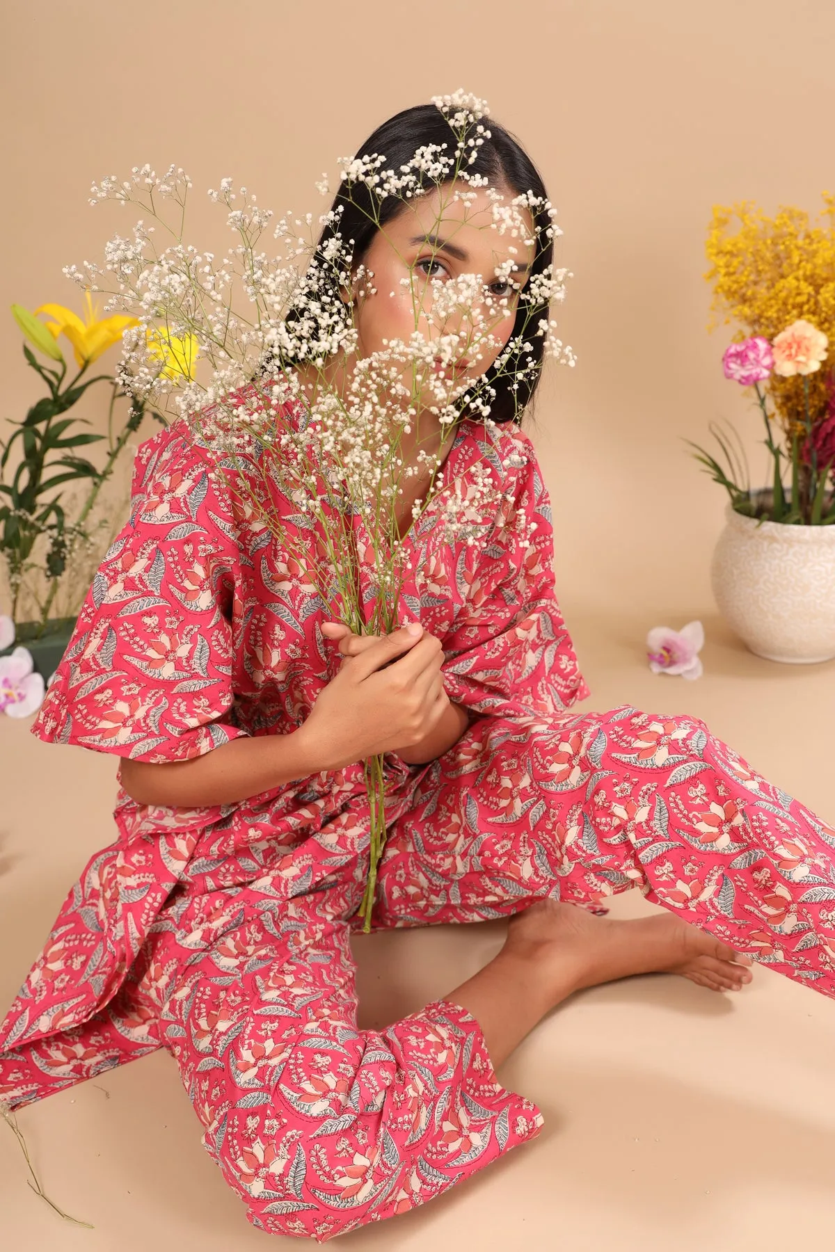 Bagru Batik Print on Pink Kaftan Pajama