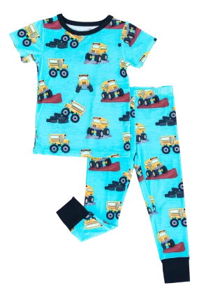 Birdie Bean Arnold School Bus Monster Truck Back to School Print 2-piece Short Sleeve Kids Pajamas with Pants