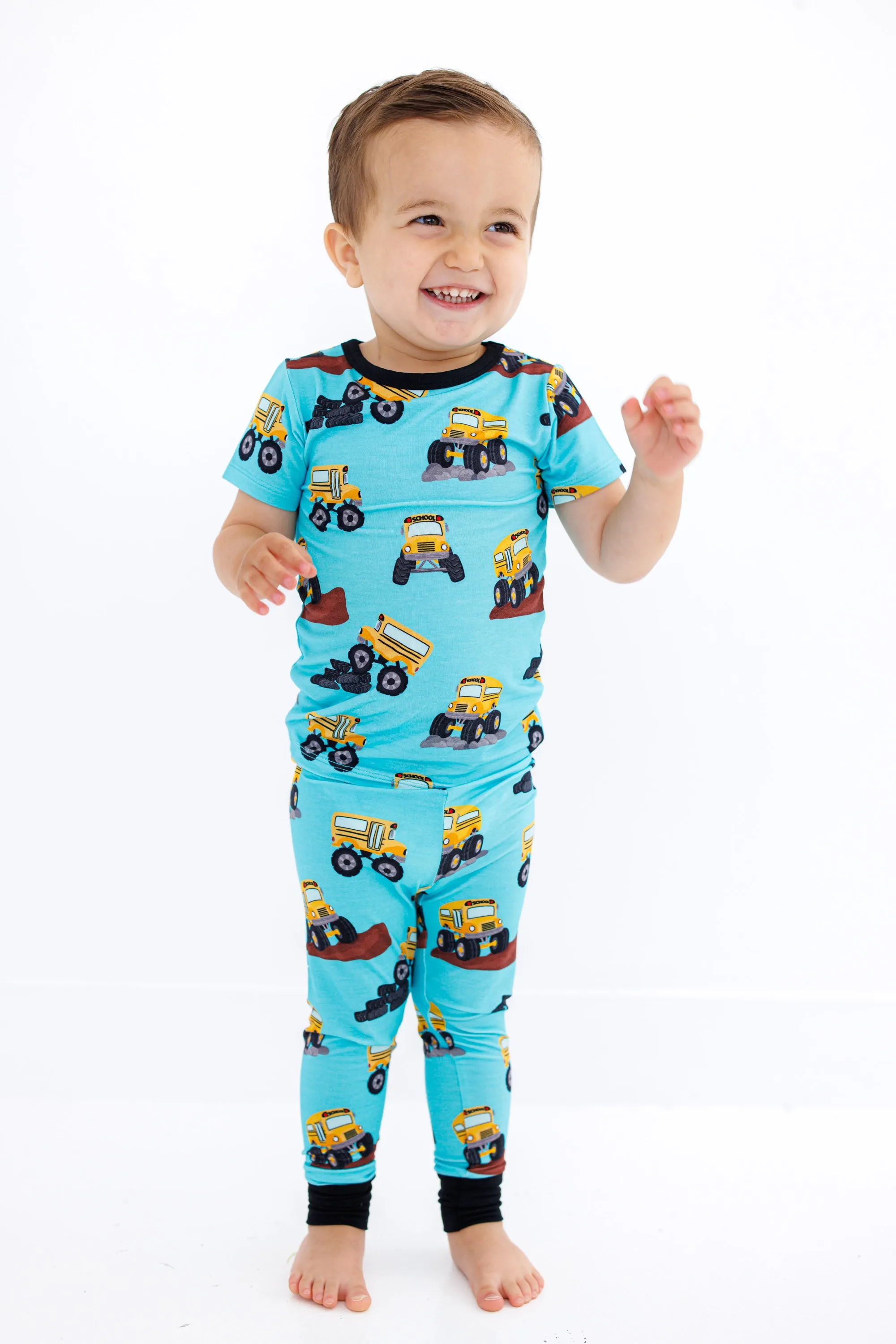 Birdie Bean Arnold School Bus Monster Truck Back to School Print 2-piece Short Sleeve Kids Pajamas with Pants