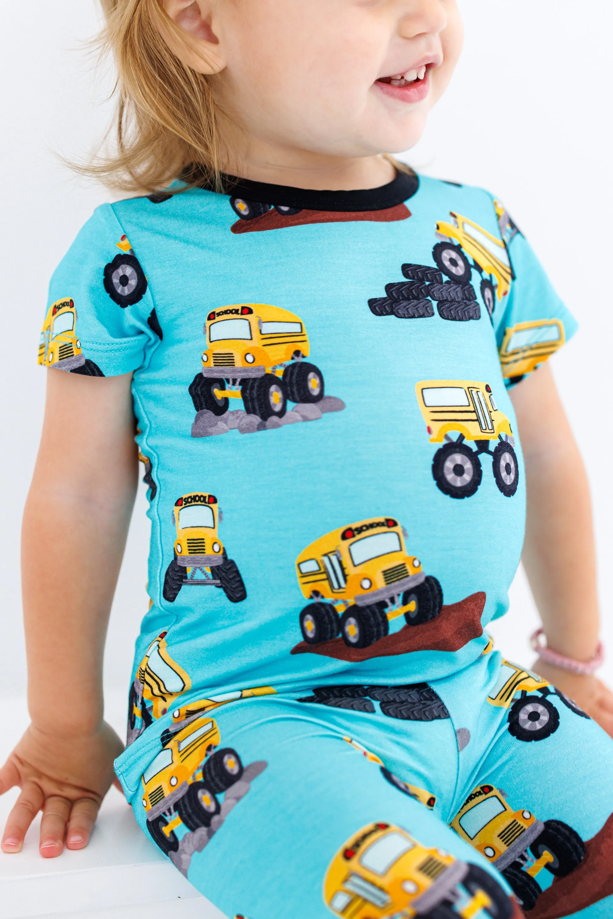 Birdie Bean Arnold School Bus Monster Truck Back to School Print 2-piece Short Sleeve Kids Pajamas with Pants