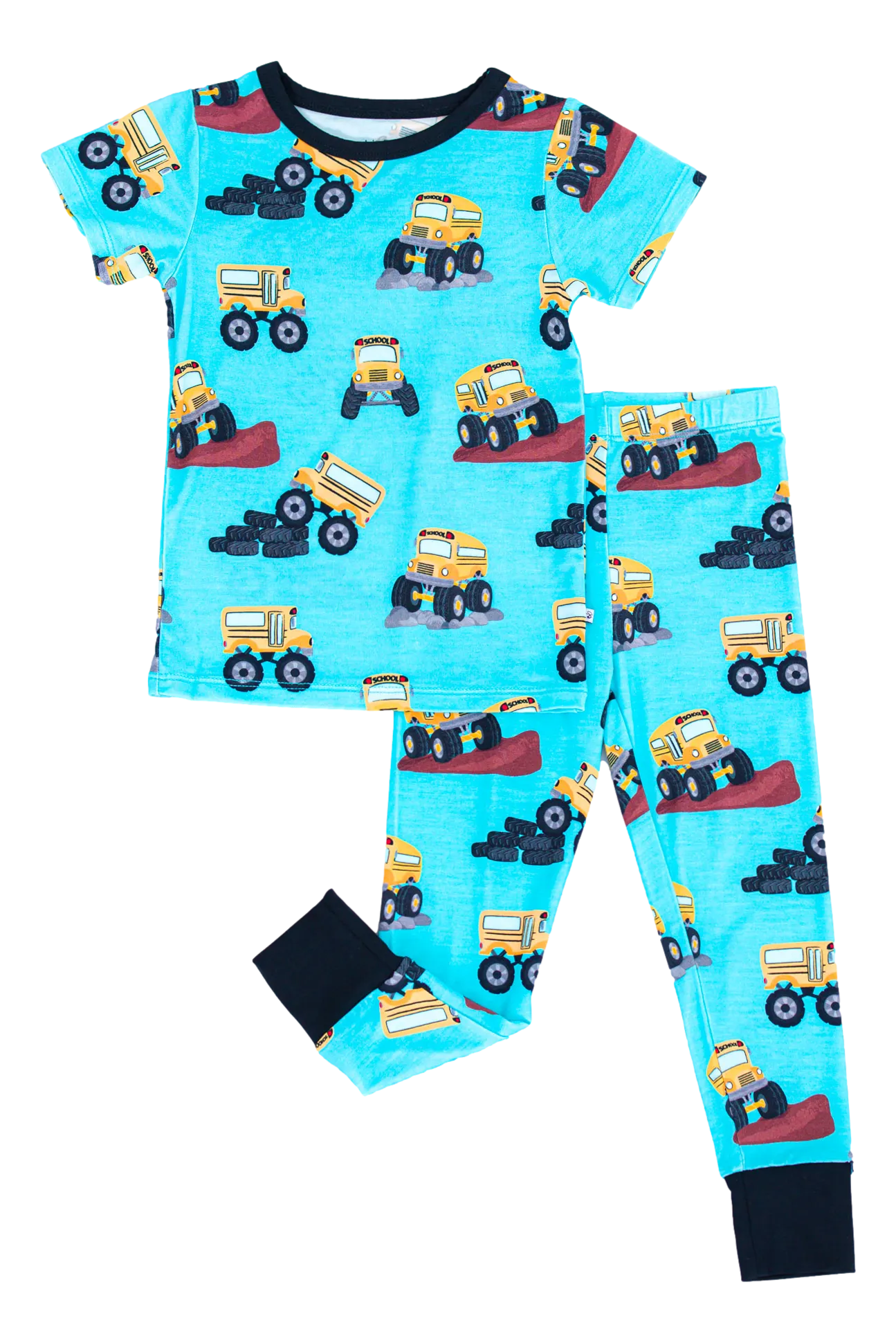 Birdie Bean Arnold School Bus Monster Truck Back to School Print 2-piece Short Sleeve Kids Pajamas with Pants