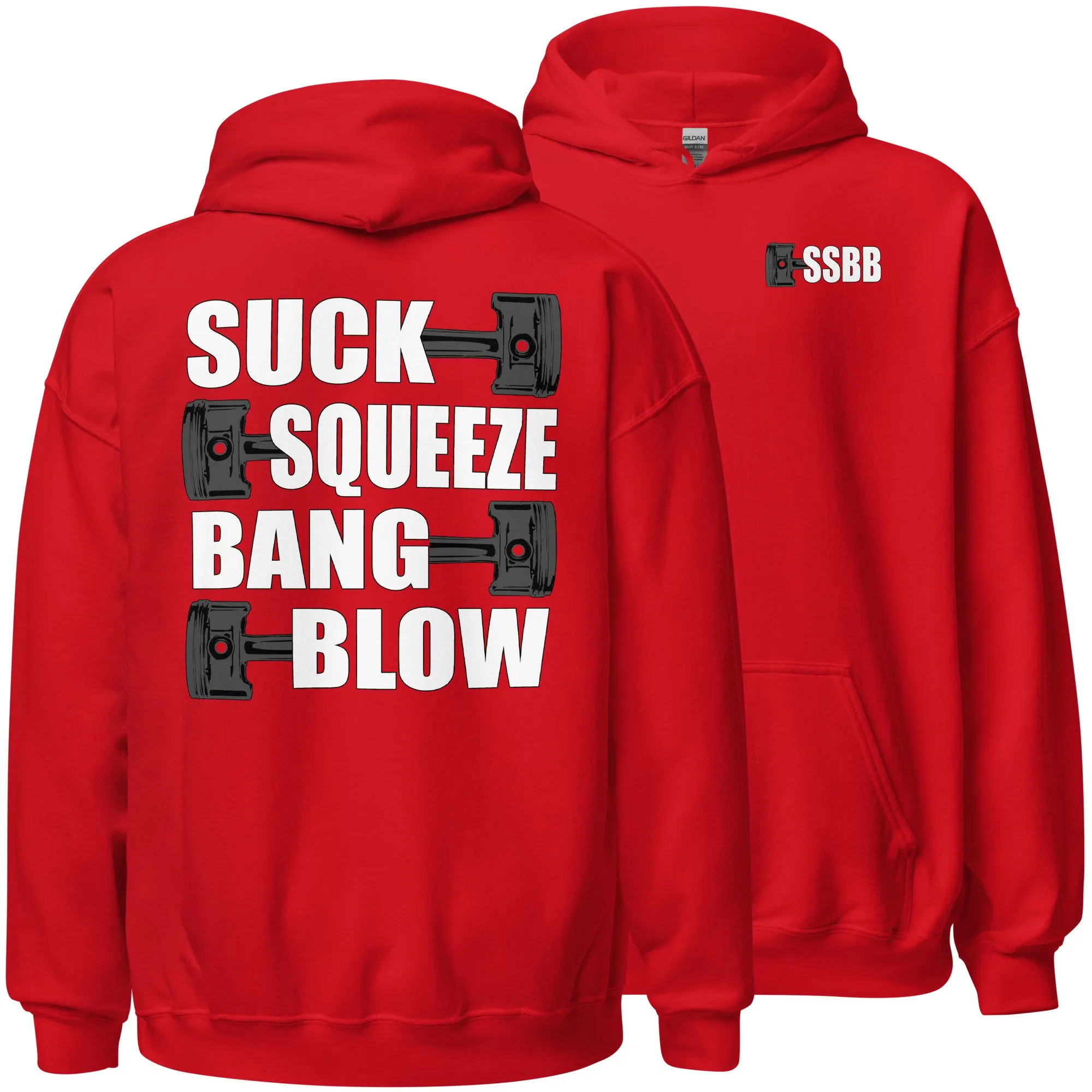 Funny Mechanic Hoodie, Car Enthusiast Gift, Racing, or Racecar T-Shirt, Suck Squeeze Bang Blow Saying