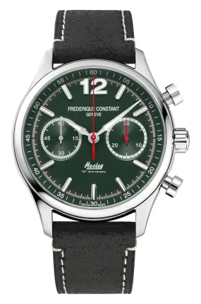 Limited Edition Frederique Constant Classics Vintage Rally Healey Automatic Chronograph Stainless Steel Green Dial Black Leather Strap Mens Watch FC-397HDGR5B6