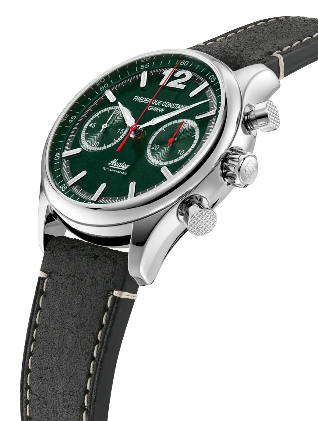 Limited Edition Frederique Constant Classics Vintage Rally Healey Automatic Chronograph Stainless Steel Green Dial Black Leather Strap Mens Watch FC-397HDGR5B6