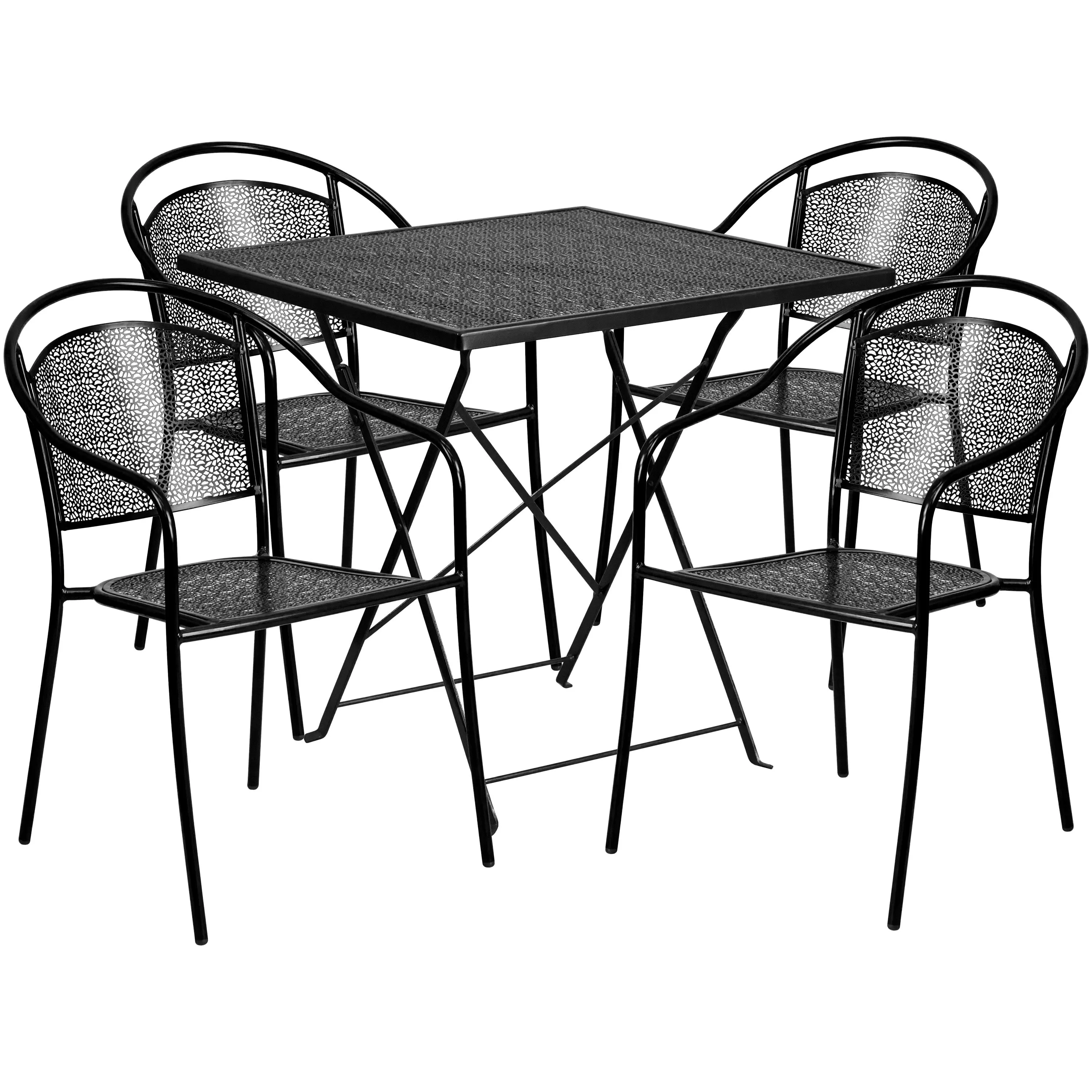 Oia Commercial Grade 28" Square Indoor-Outdoor Steel Folding Patio Table Set with 4 Round Back Chairs