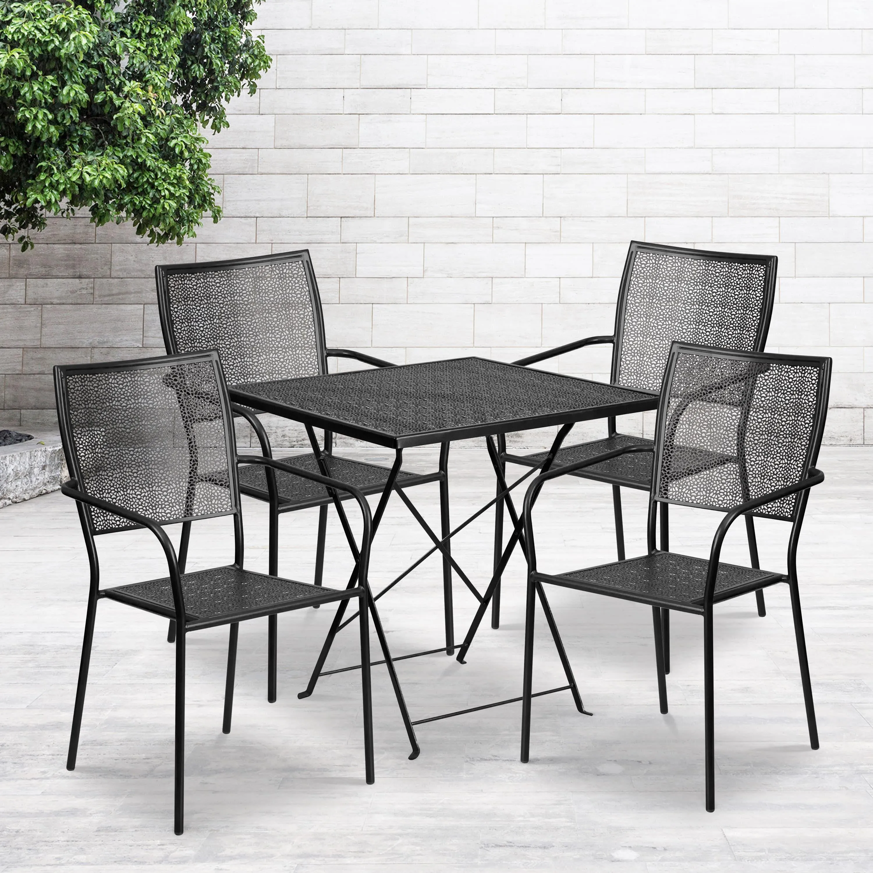 Oia Commercial Grade 28" Square Indoor-Outdoor Steel Folding Patio Table Set with 4 Square Back Chairs