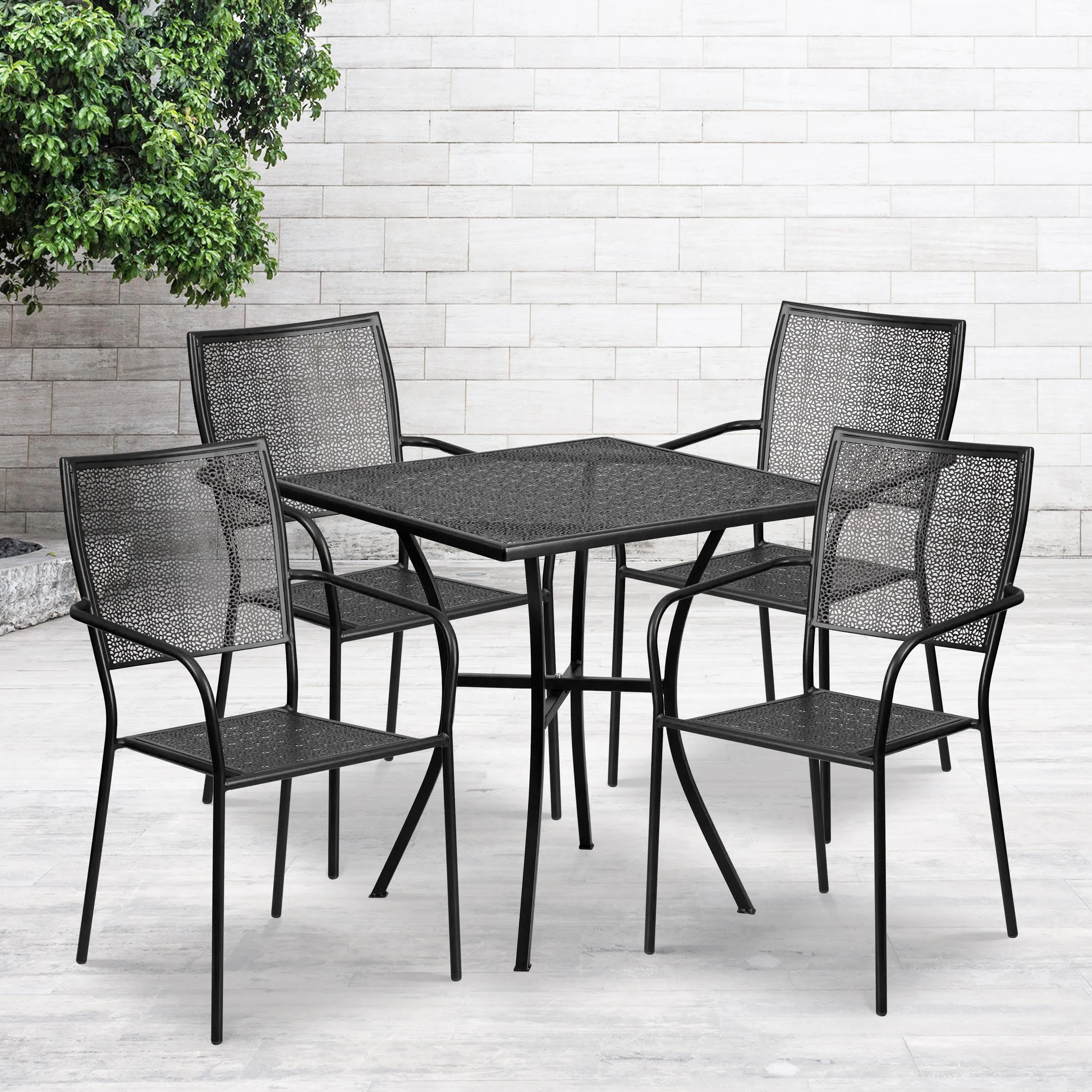 Oia Commercial Grade 28" Square Indoor-Outdoor Steel Patio Table Set with 4 Square Back Chairs