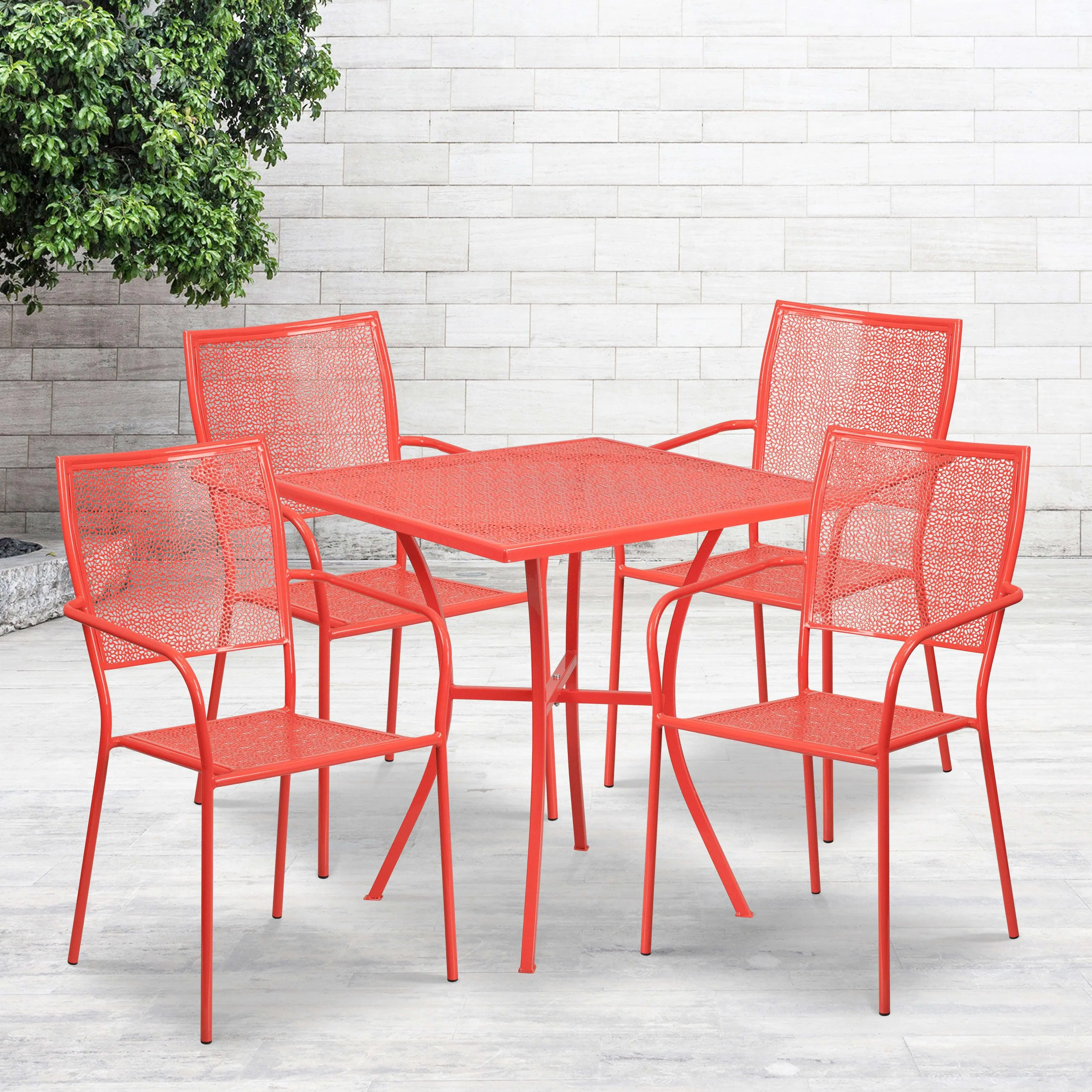 Oia Commercial Grade 28" Square Indoor-Outdoor Steel Patio Table Set with 4 Square Back Chairs