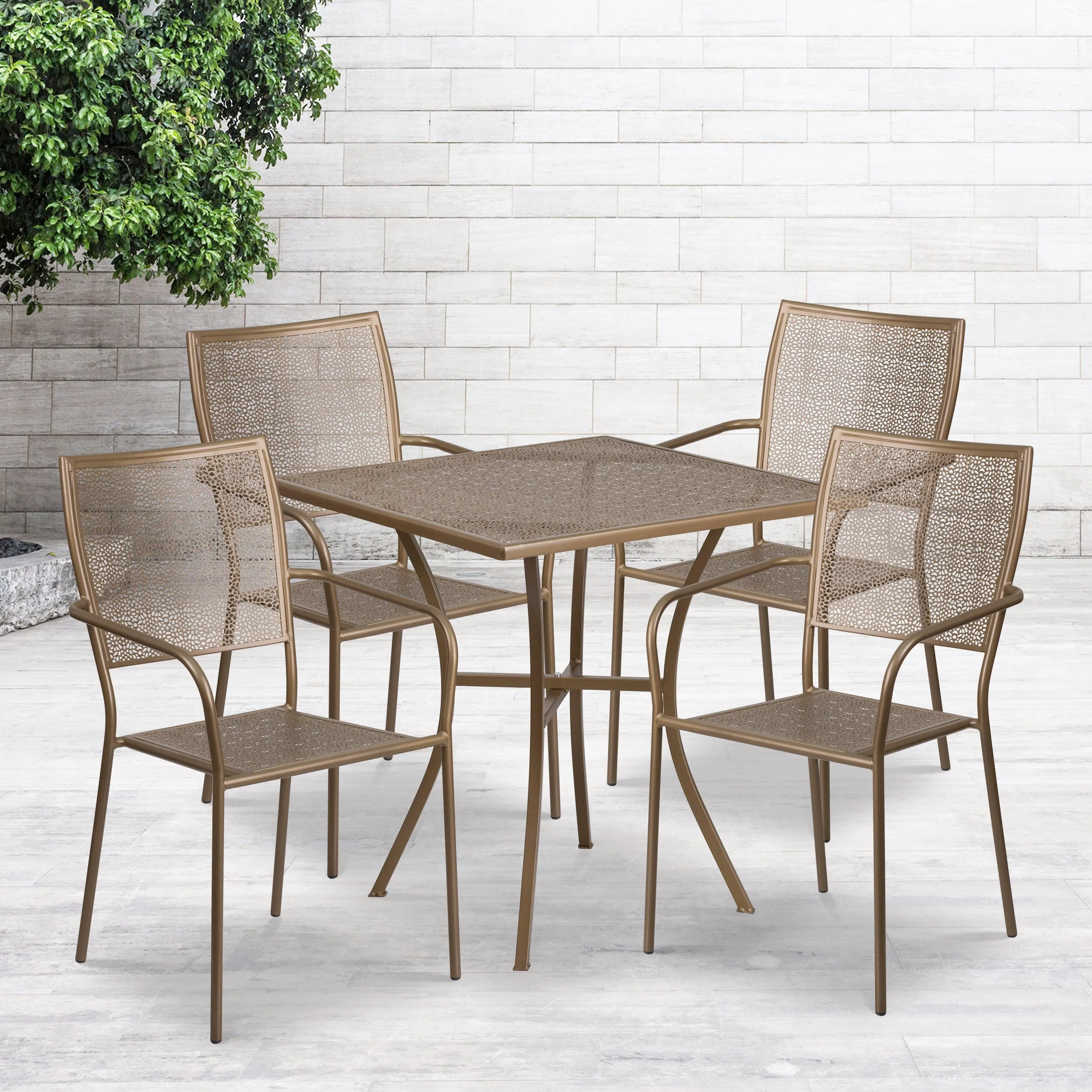 Oia Commercial Grade 28" Square Indoor-Outdoor Steel Patio Table Set with 4 Square Back Chairs