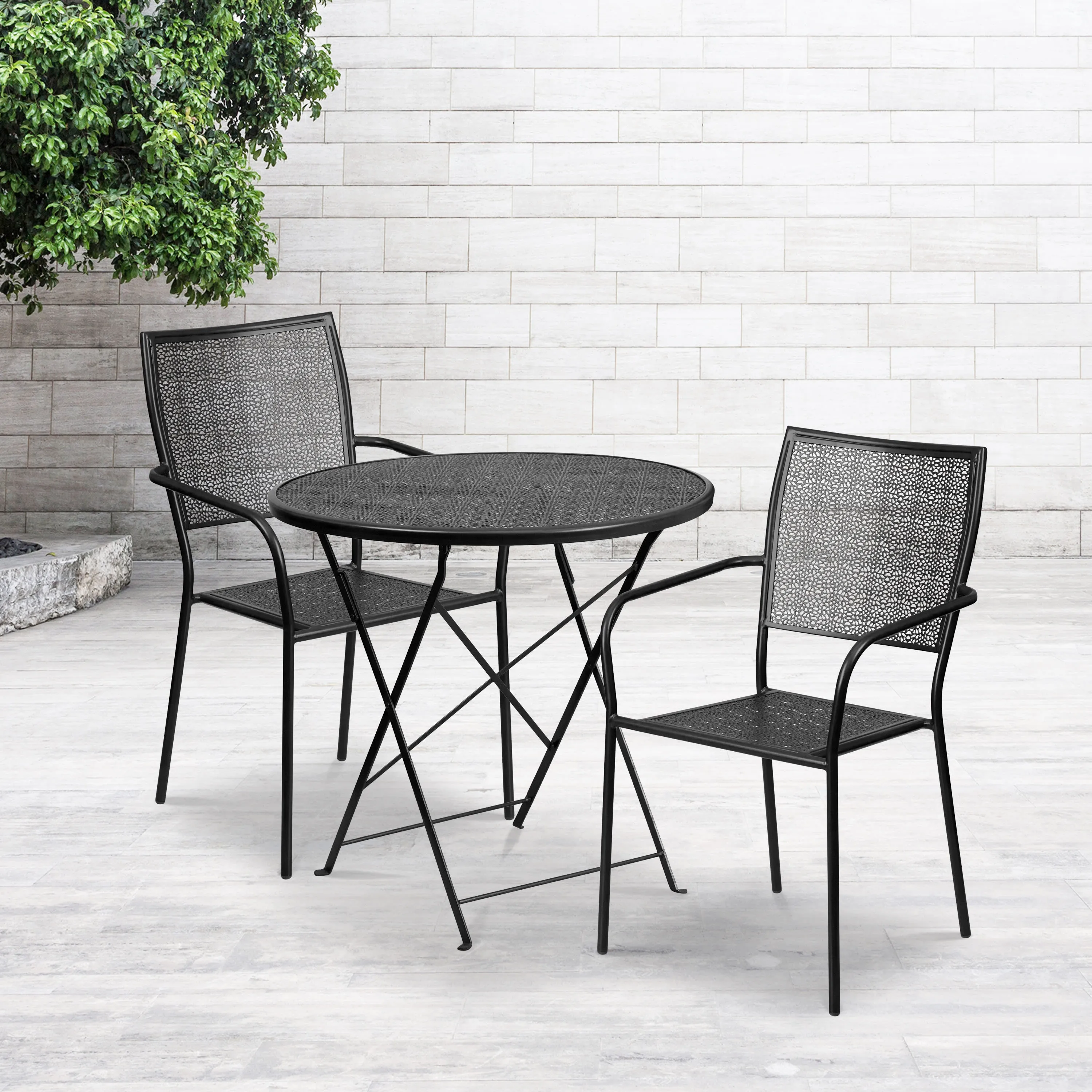 Oia Commercial Grade 30" Round Indoor-Outdoor Steel Folding Patio Table Set with 2 Square Back Chairs