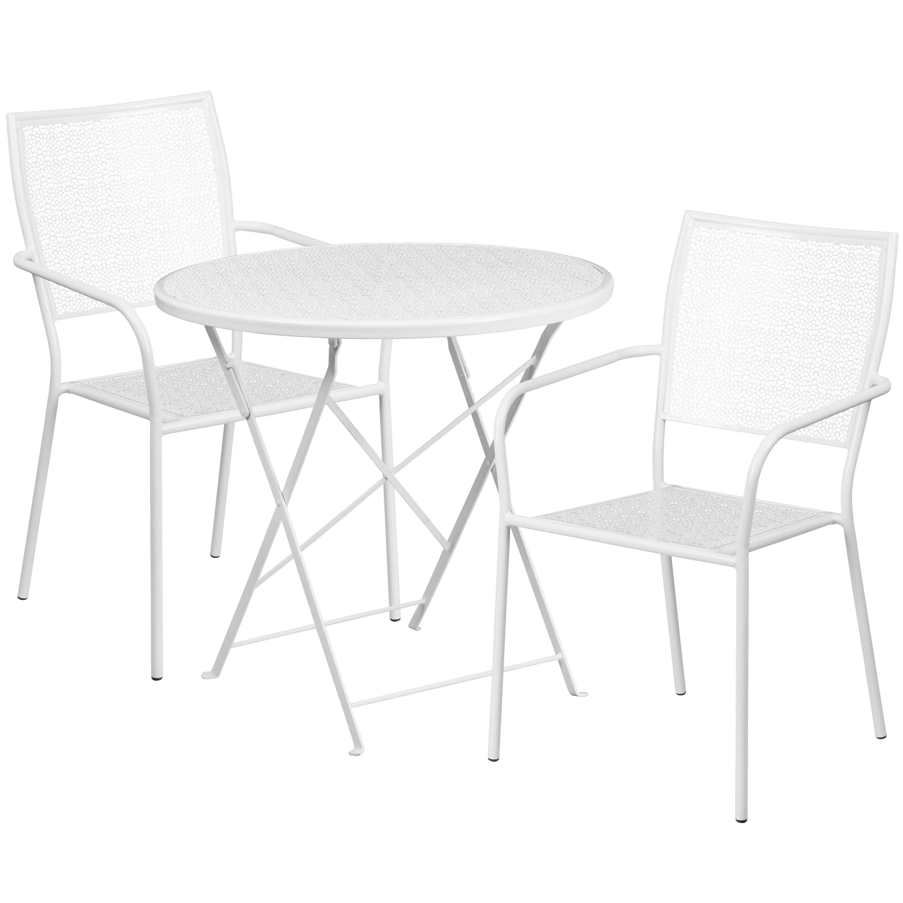 Oia Commercial Grade 30" Round Indoor-Outdoor Steel Folding Patio Table Set with 2 Square Back Chairs