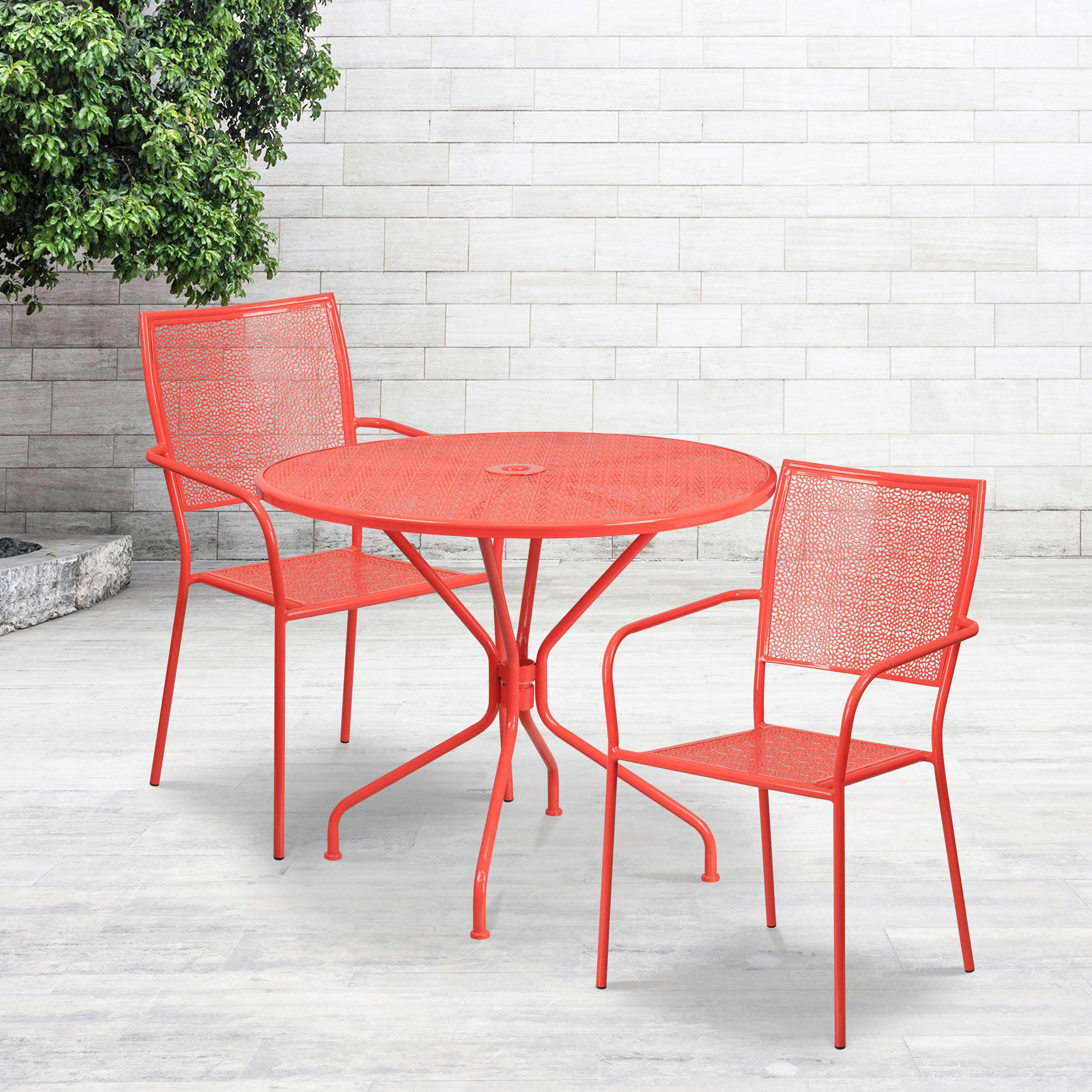 Oia Commercial Grade 35.25" Round Indoor-Outdoor Steel Patio Table Set with 2 Square Back Chairs