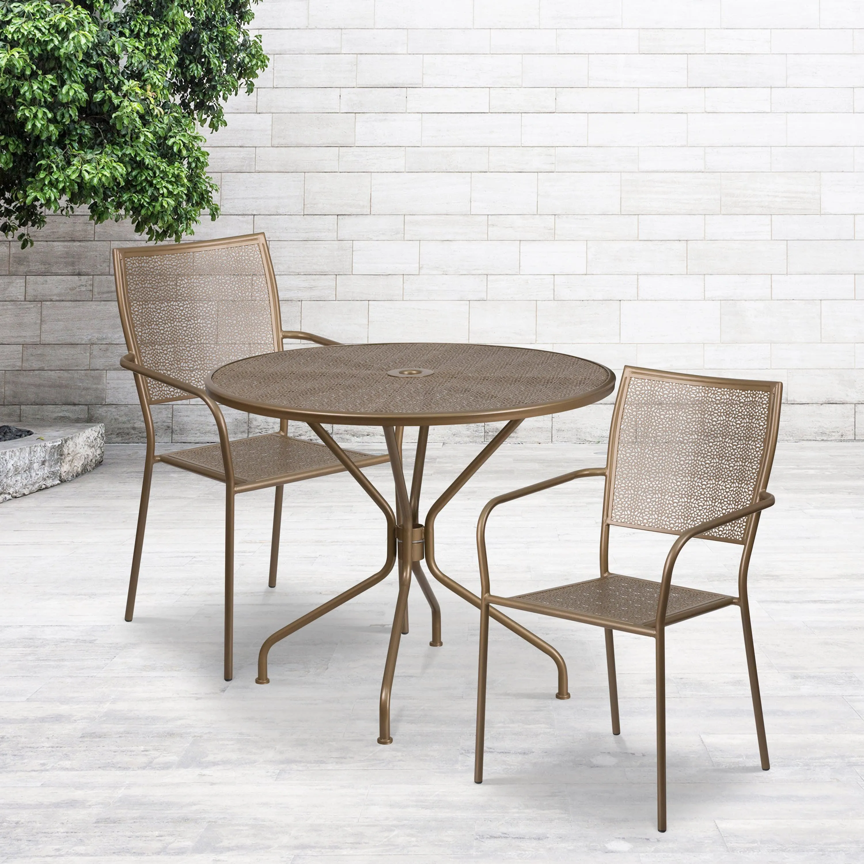 Oia Commercial Grade 35.25" Round Indoor-Outdoor Steel Patio Table Set with 2 Square Back Chairs