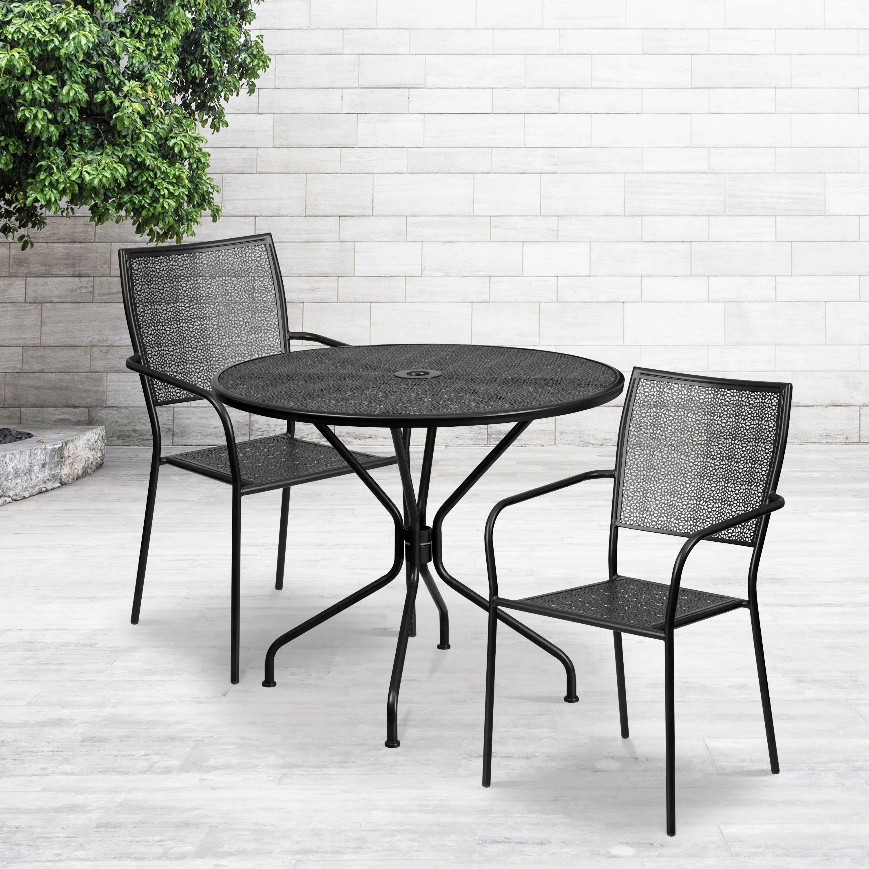 Oia Commercial Grade 35.25" Round Indoor-Outdoor Steel Patio Table Set with 2 Square Back Chairs