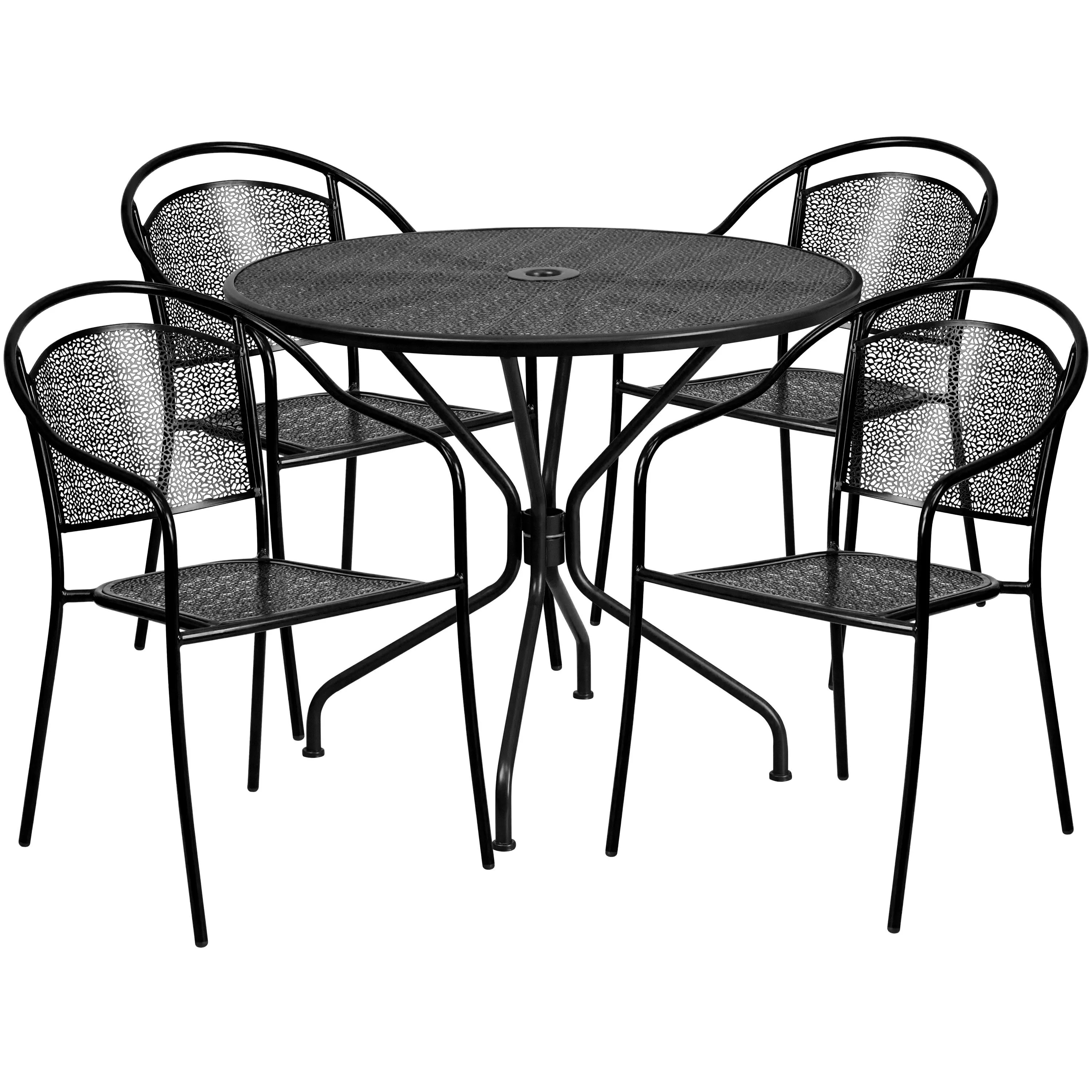 Oia Commercial Grade 35.25" Round Indoor-Outdoor Steel Patio Table Set with 4 Round Back Chairs