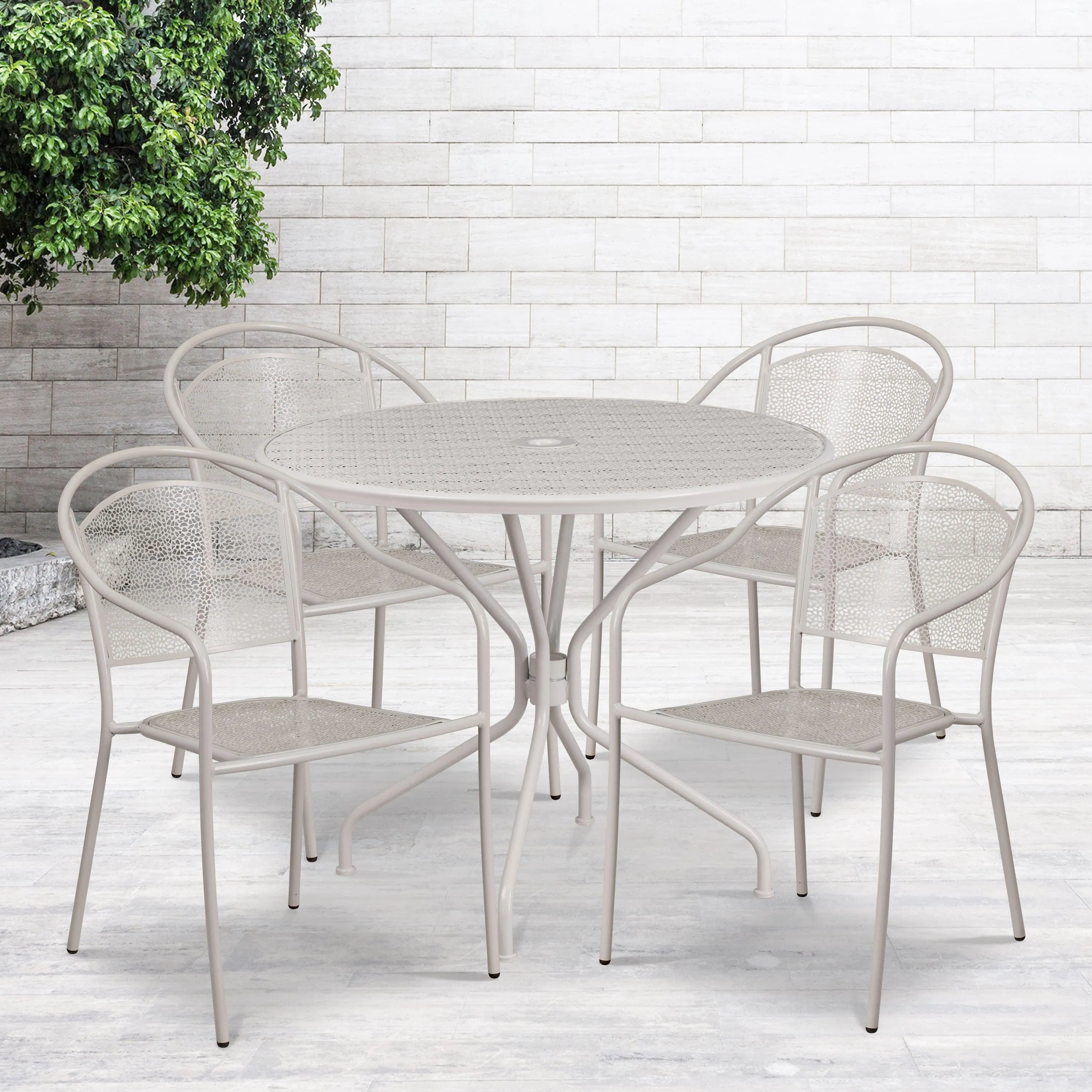 Oia Commercial Grade 35.25" Round Indoor-Outdoor Steel Patio Table Set with 4 Round Back Chairs