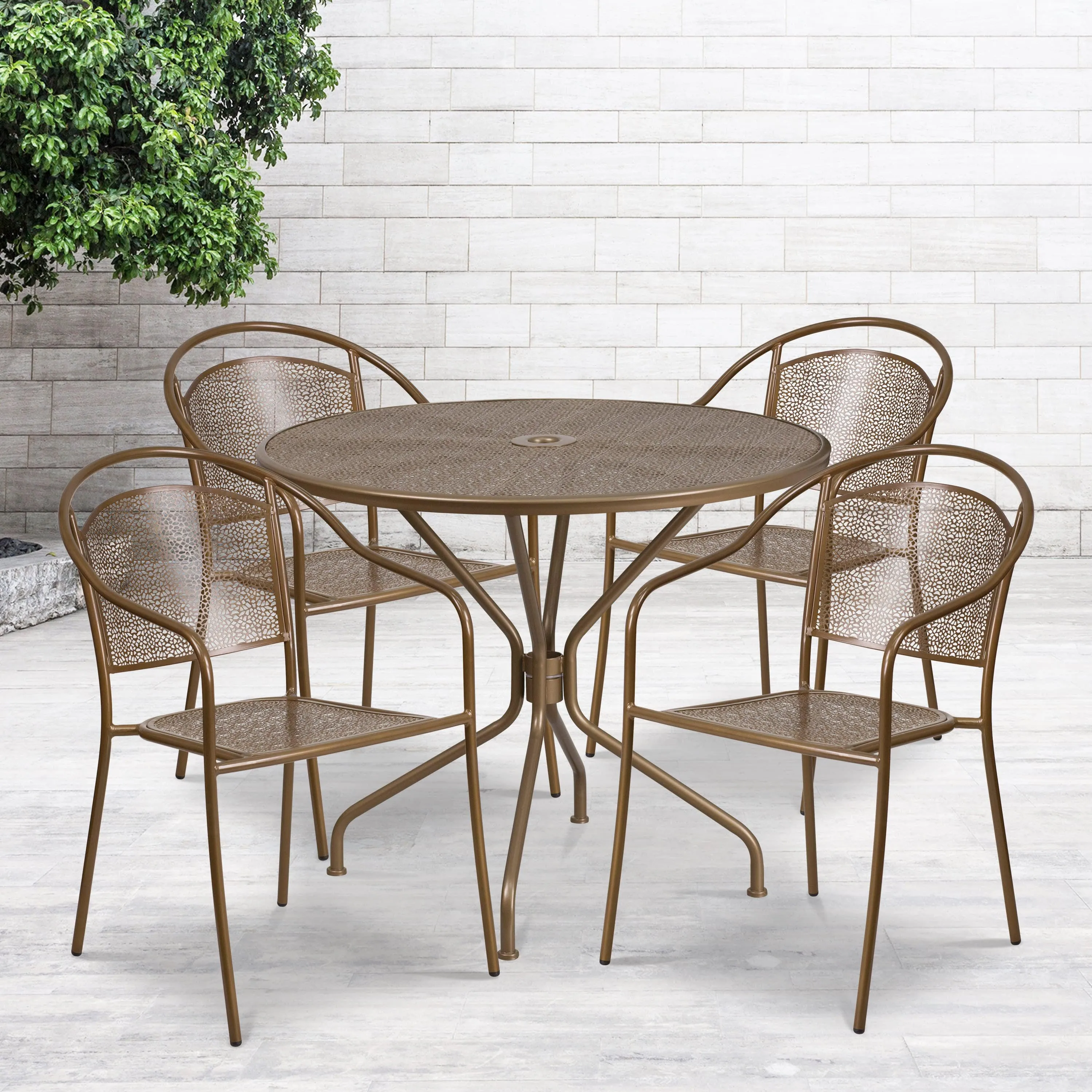 Oia Commercial Grade 35.25" Round Indoor-Outdoor Steel Patio Table Set with 4 Round Back Chairs