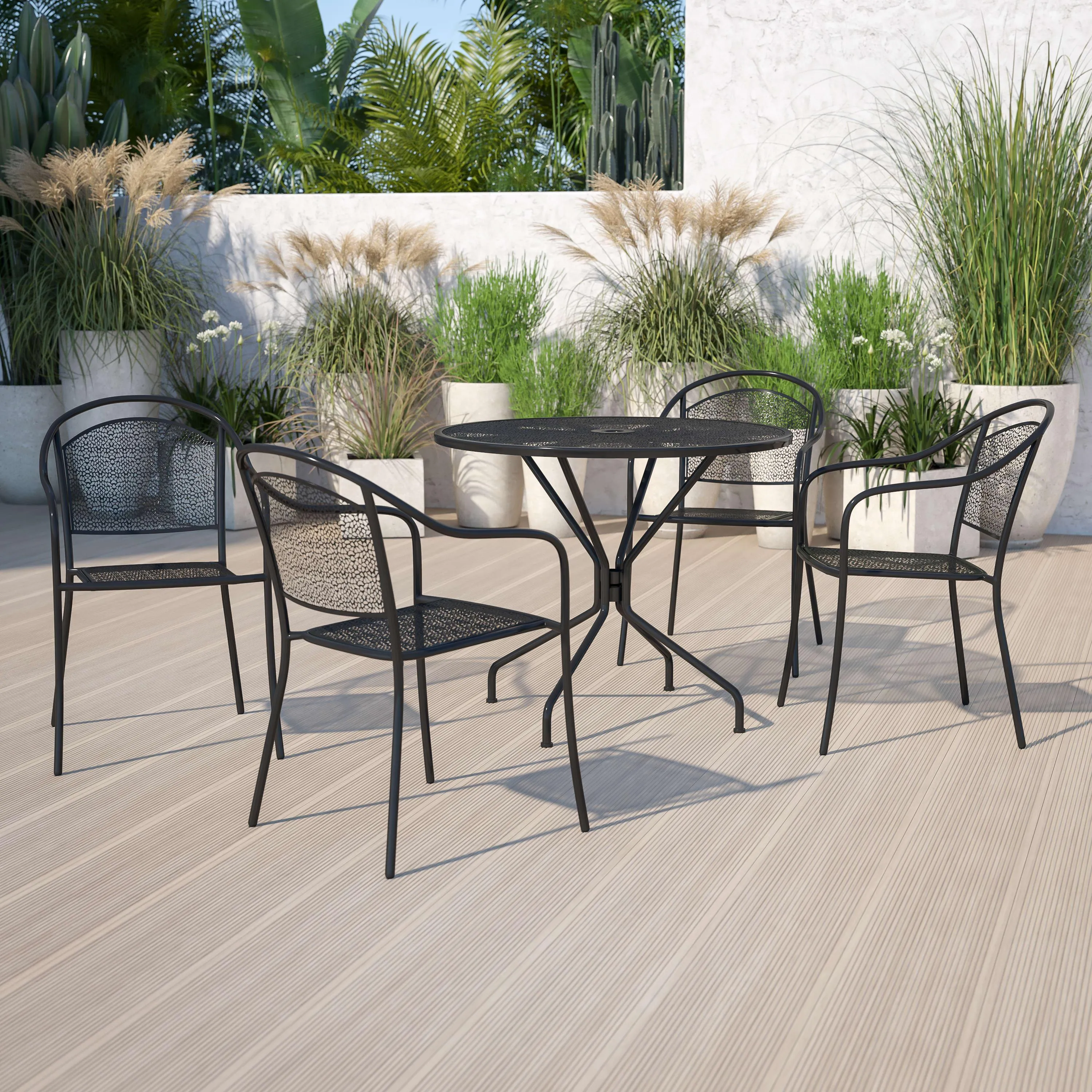 Oia Commercial Grade 35.25" Round Indoor-Outdoor Steel Patio Table Set with 4 Round Back Chairs