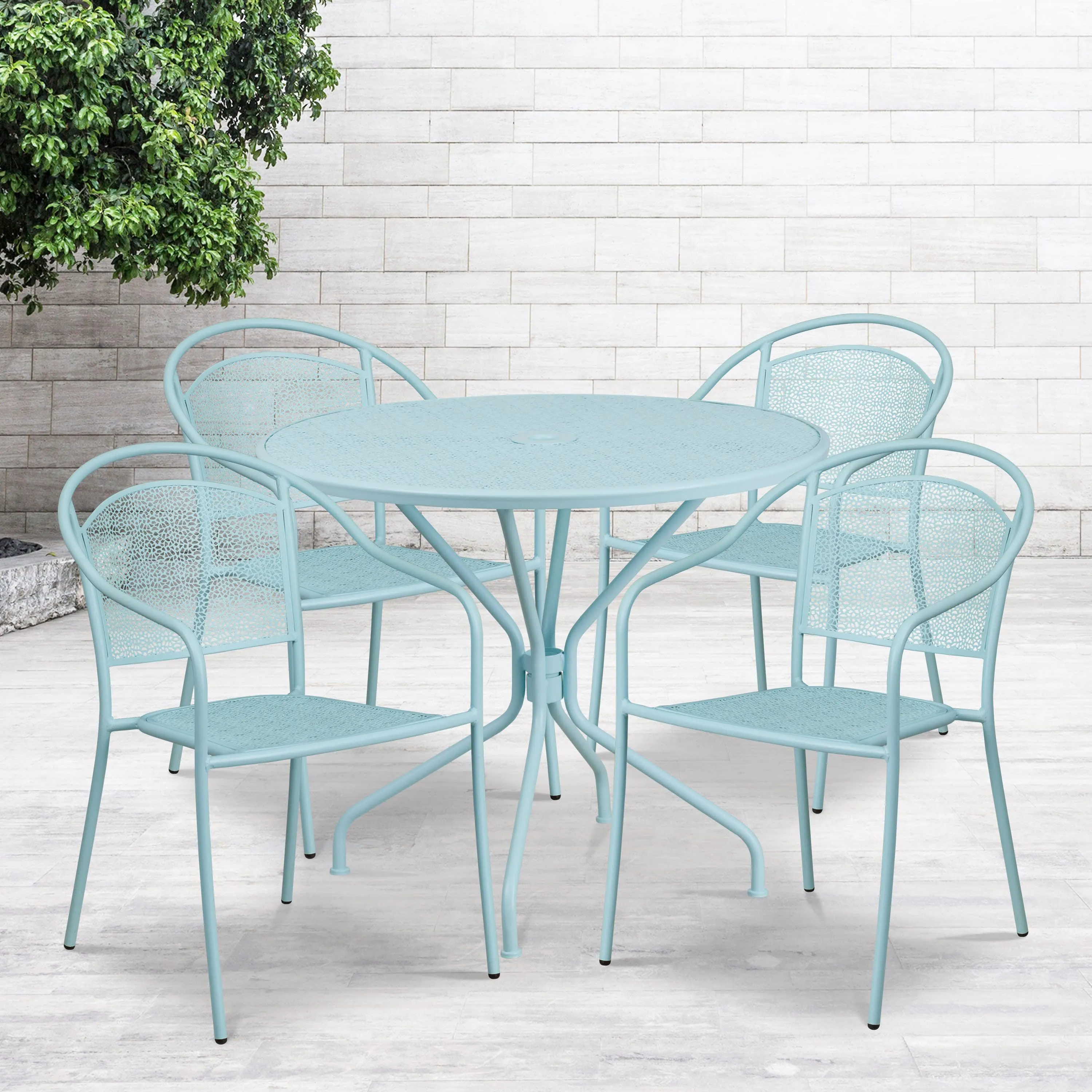 Oia Commercial Grade 35.25" Round Indoor-Outdoor Steel Patio Table Set with 4 Round Back Chairs