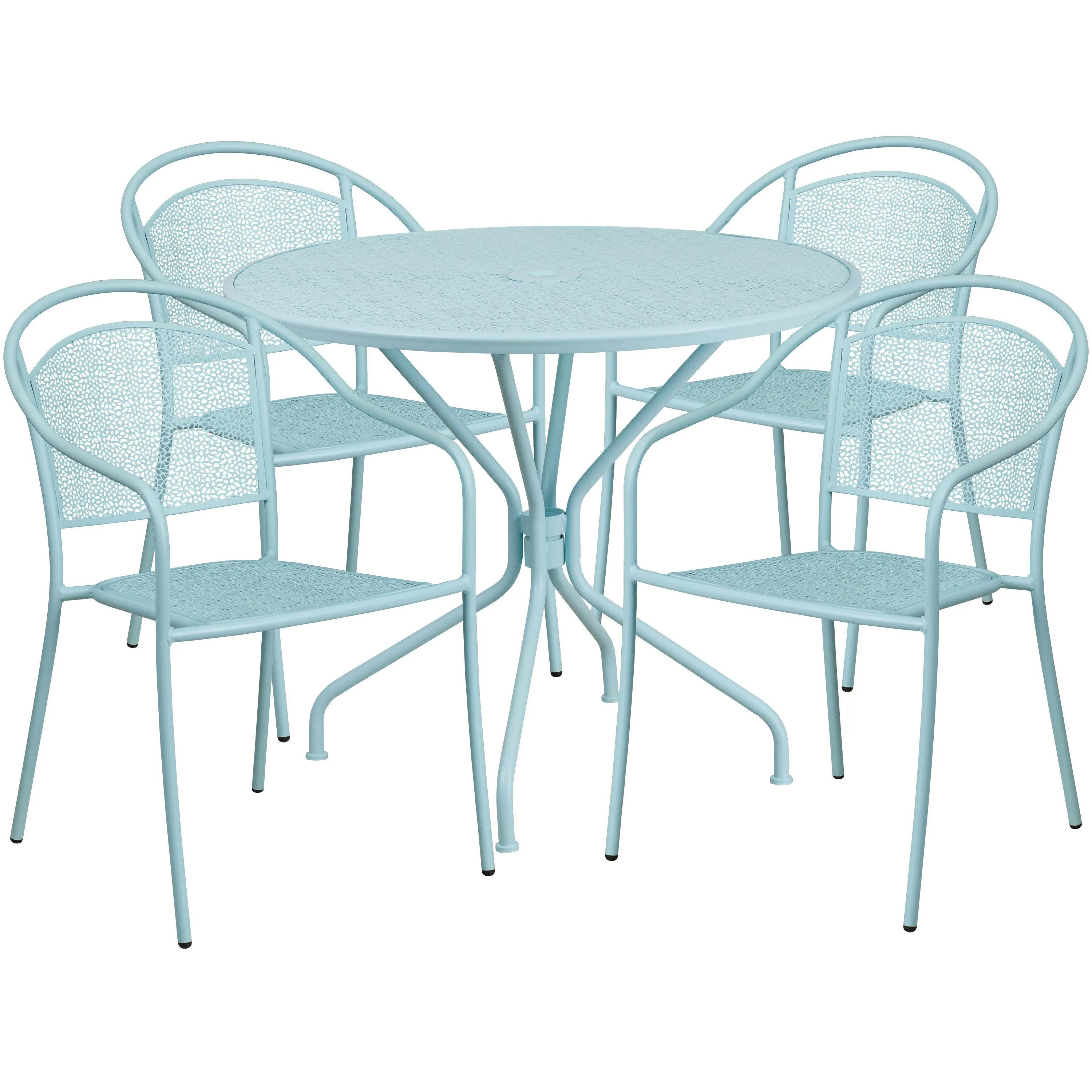 Oia Commercial Grade 35.25" Round Indoor-Outdoor Steel Patio Table Set with 4 Round Back Chairs