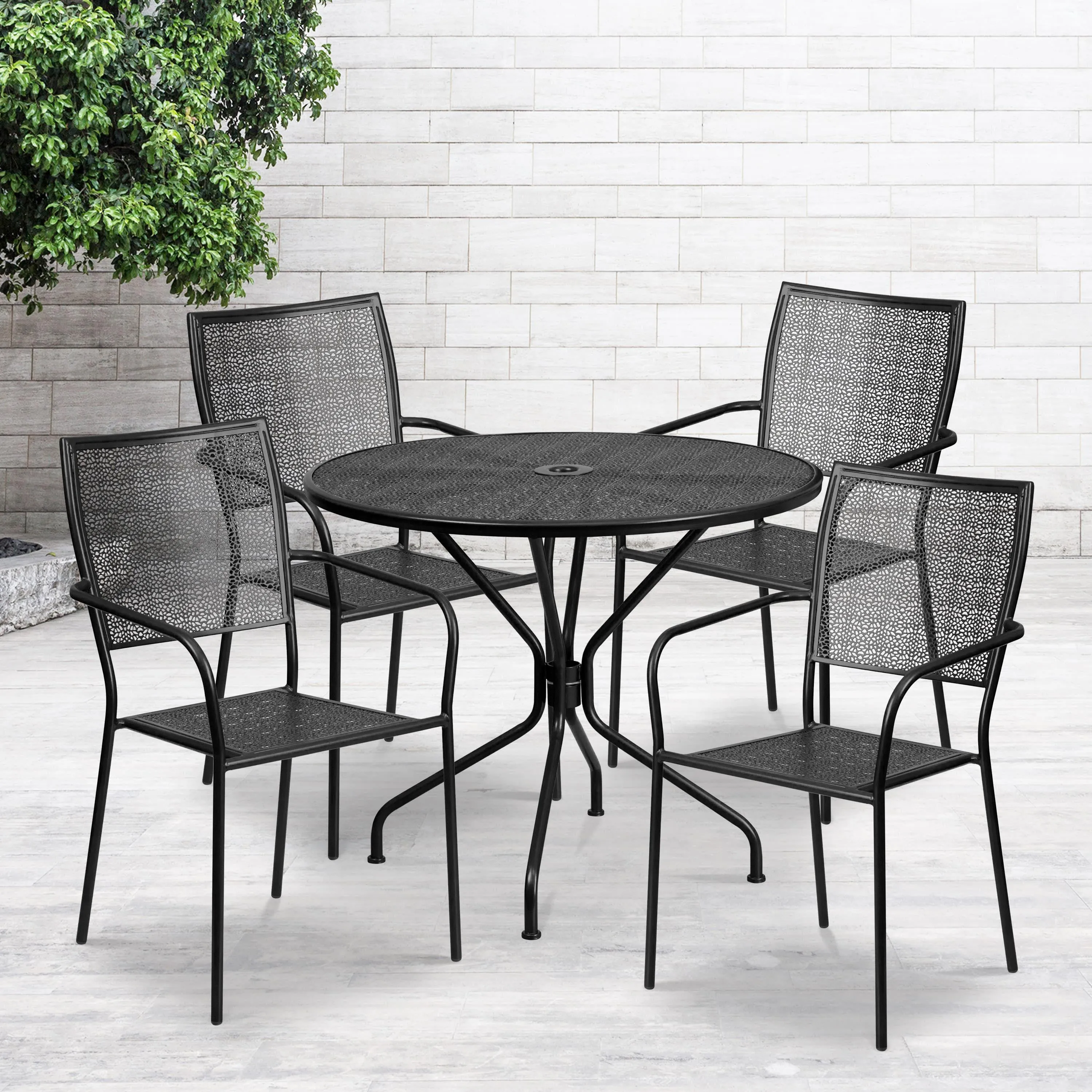 Oia Commercial Grade 35.25" Round Indoor-Outdoor Steel Patio Table Set with 4 Square Back Chairs