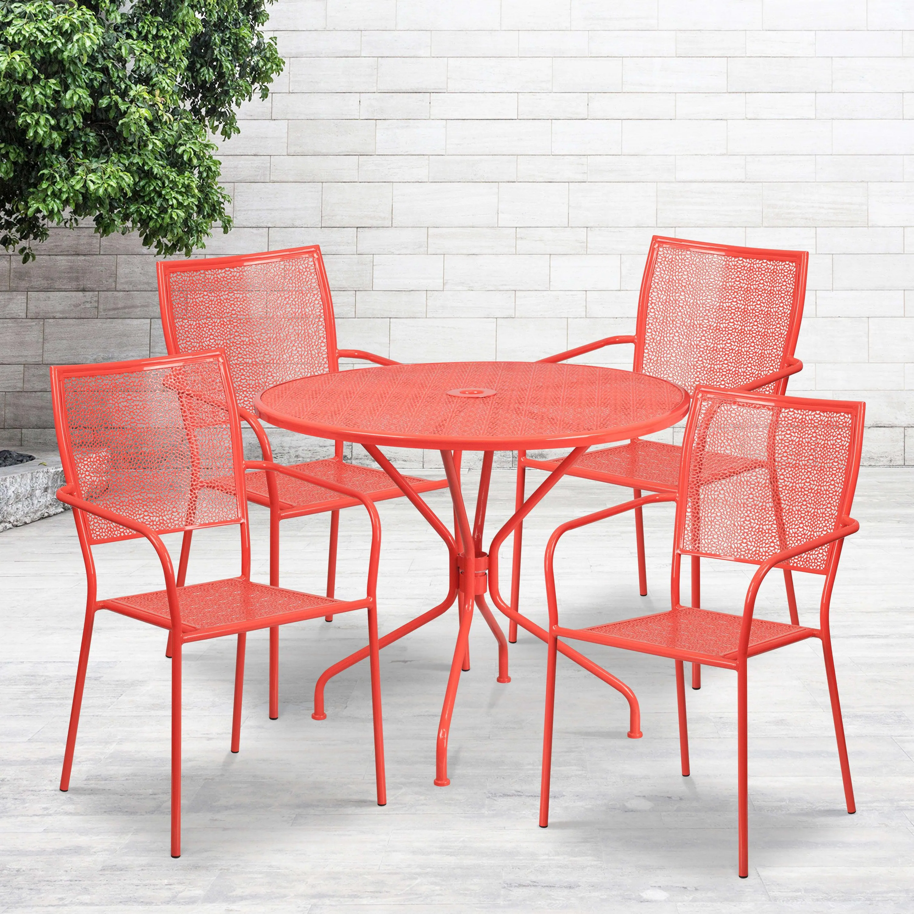 Oia Commercial Grade 35.25" Round Indoor-Outdoor Steel Patio Table Set with 4 Square Back Chairs