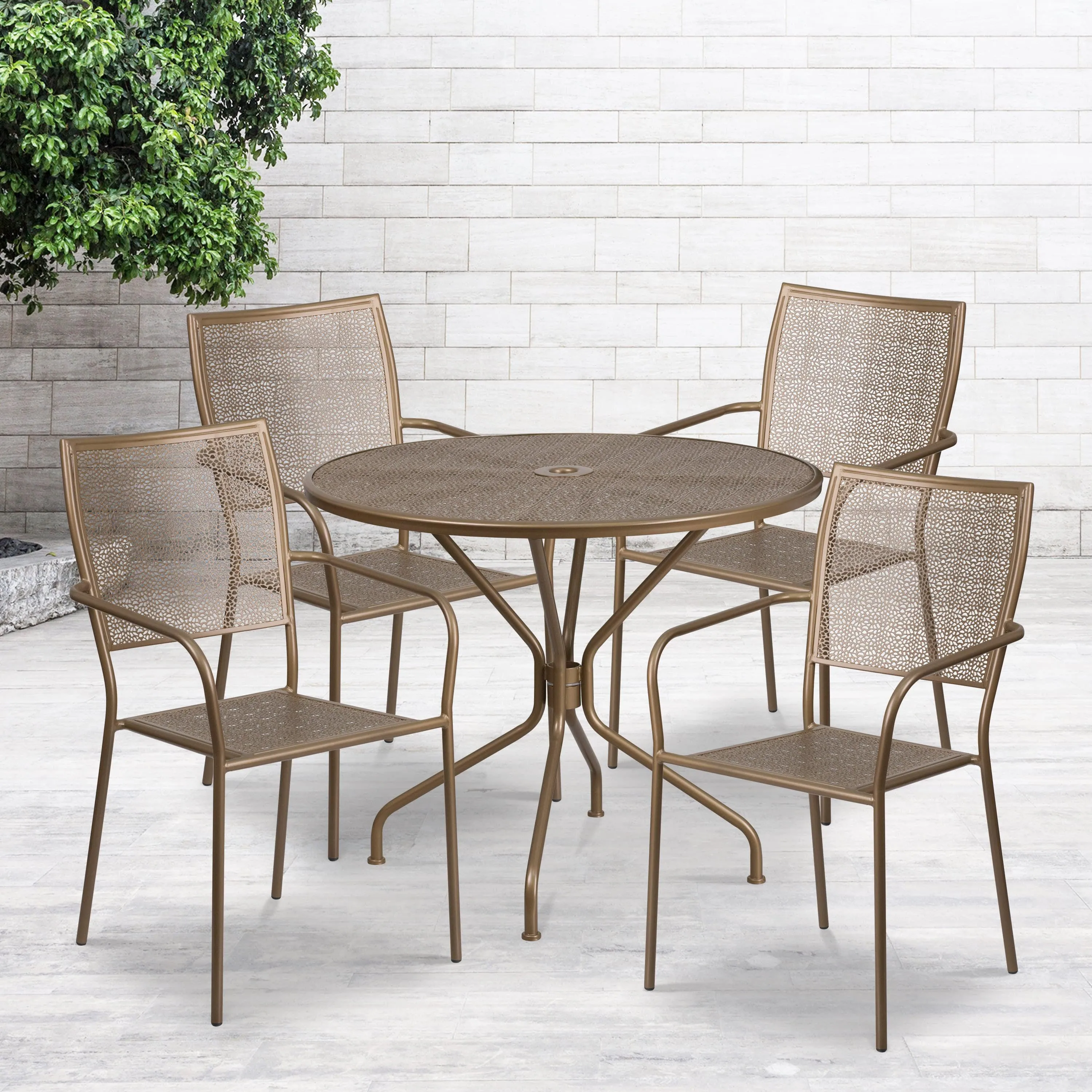 Oia Commercial Grade 35.25" Round Indoor-Outdoor Steel Patio Table Set with 4 Square Back Chairs