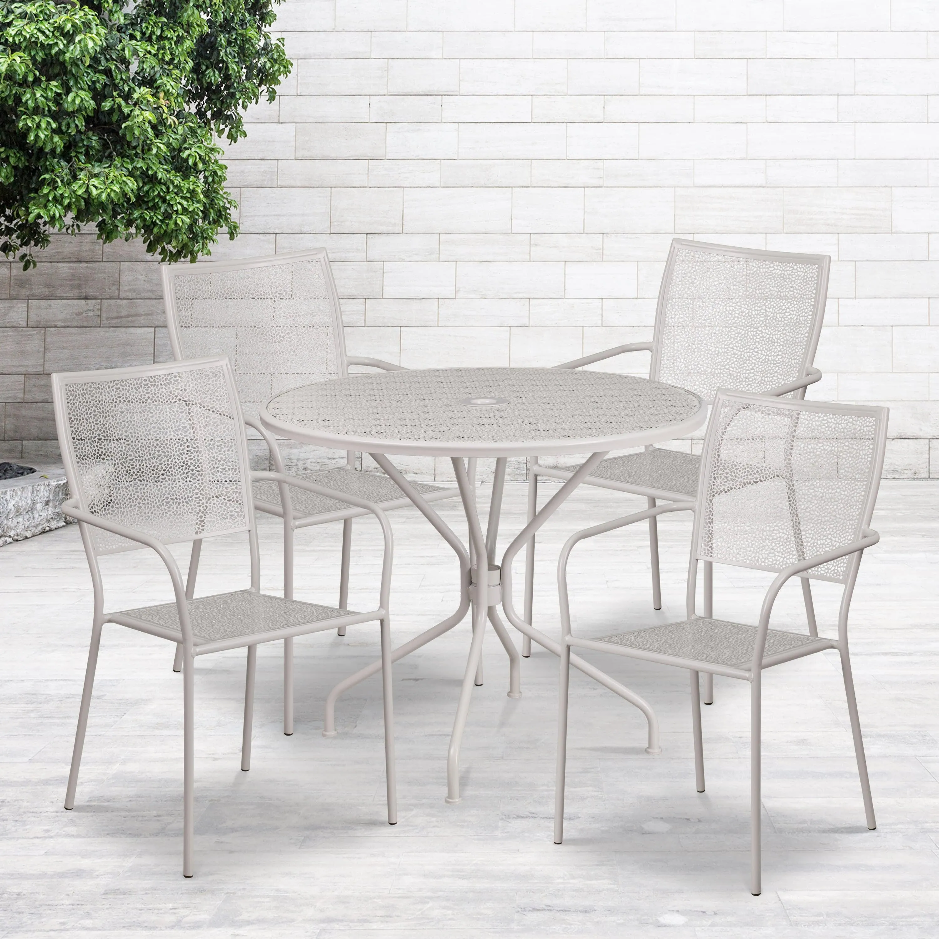 Oia Commercial Grade 35.25" Round Indoor-Outdoor Steel Patio Table Set with 4 Square Back Chairs