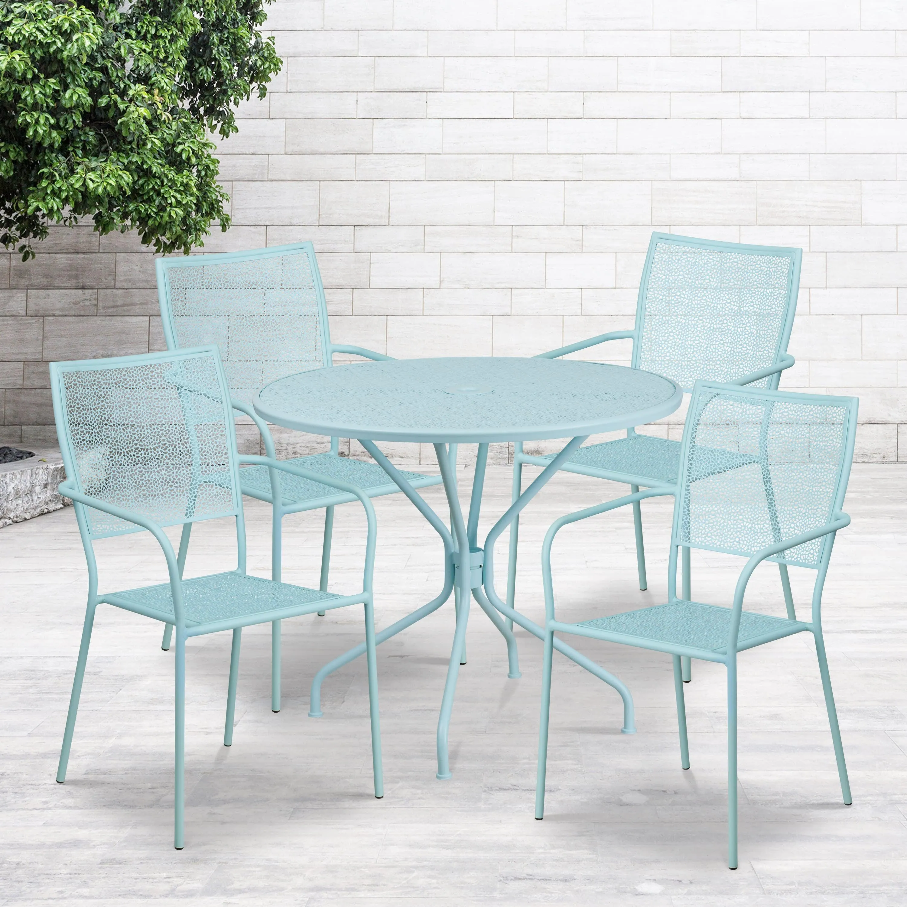 Oia Commercial Grade 35.25" Round Indoor-Outdoor Steel Patio Table Set with 4 Square Back Chairs